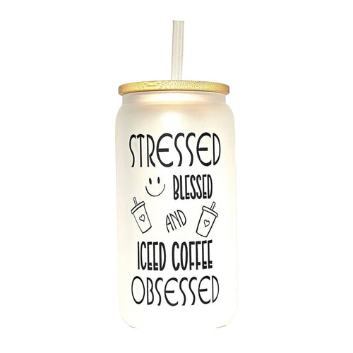 Iced Coffee Glass Tumbler - Stressed Blessed : Coffee Quips Custom Drinkware