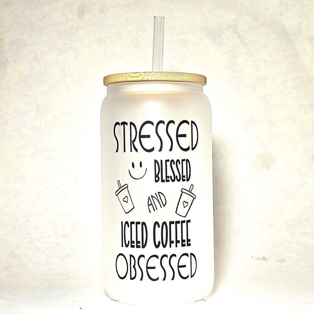 Iced Coffee Glass Tumbler - Stressed Blessed : Coffee Quips Custom Drinkware