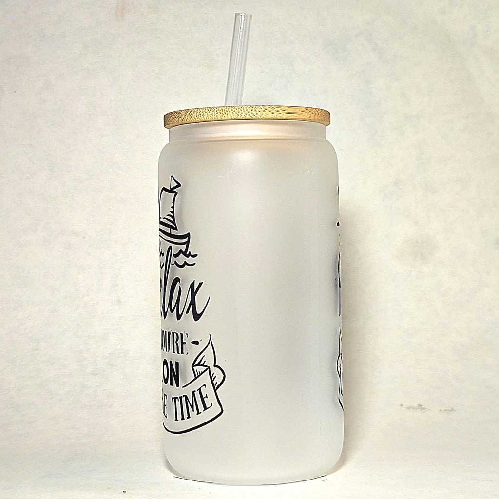 Lake Time Glass Can Tumbler: Frosted Coffee Quips with Bamboo Lid - Coffee Quips Custom Drinkware