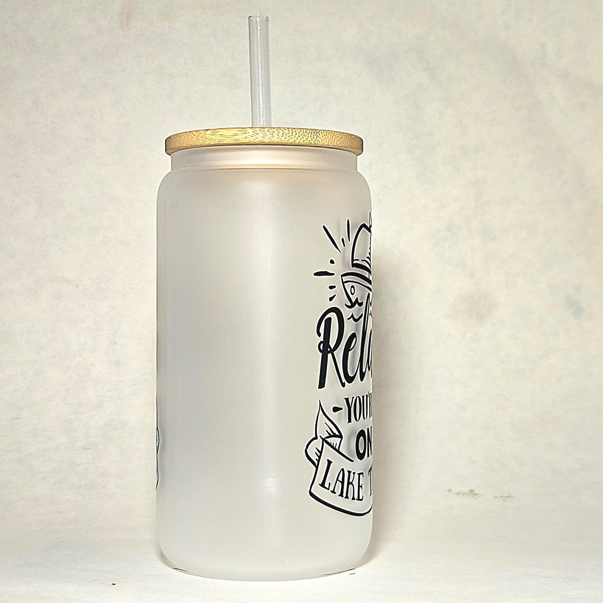 Lake Time Glass Can Tumbler: Frosted Coffee Quips with Bamboo Lid - Coffee Quips Custom Drinkware