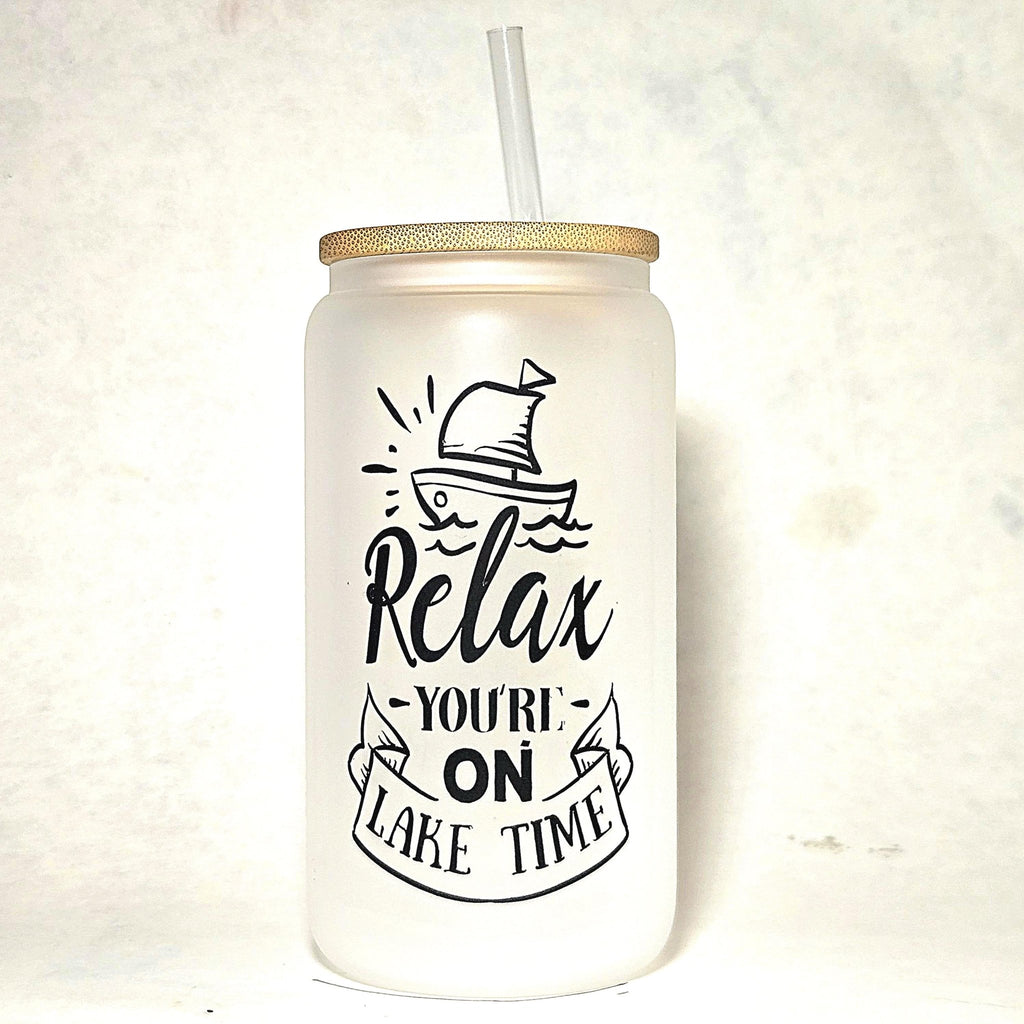 Lake Time Glass Can Tumbler: Frosted Coffee Quips with Bamboo Lid - Coffee Quips Custom Drinkware