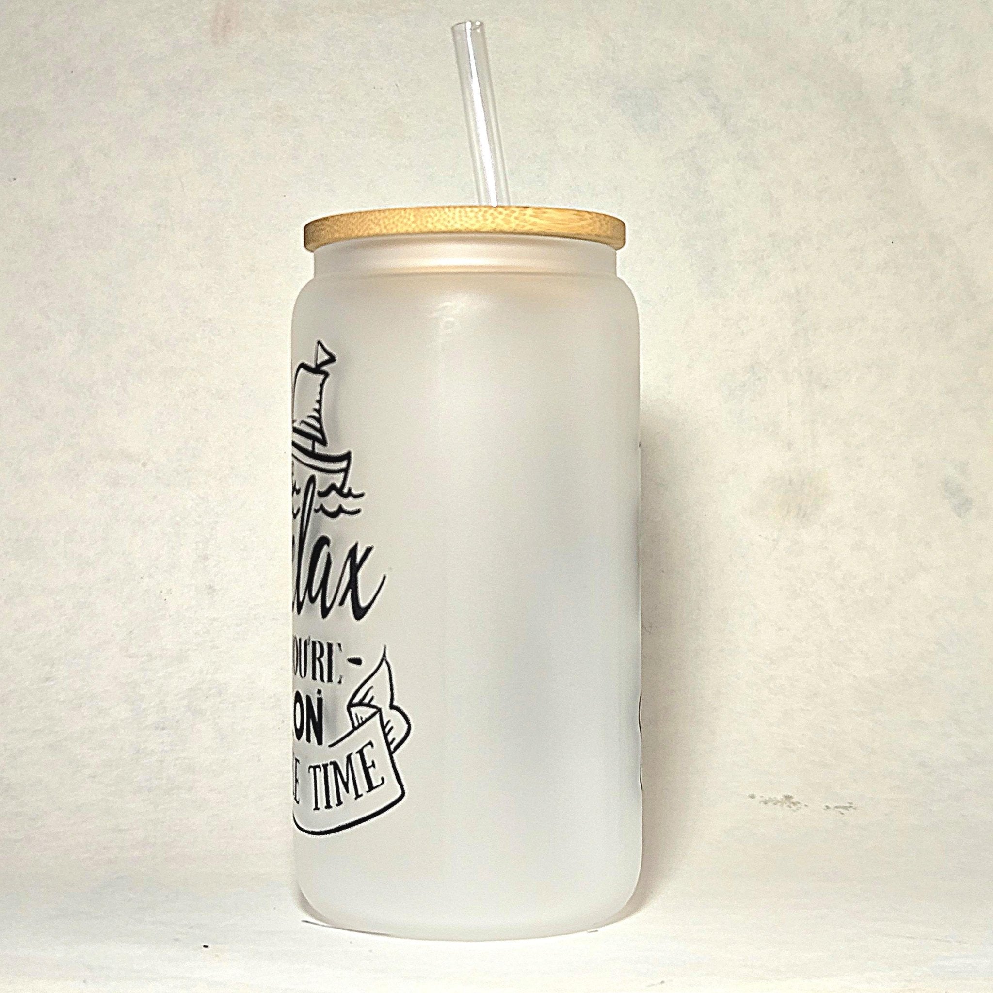 Lake Time Glass Can Tumbler: Frosted Coffee Quips with Bamboo Lid - Coffee Quips Custom Drinkware