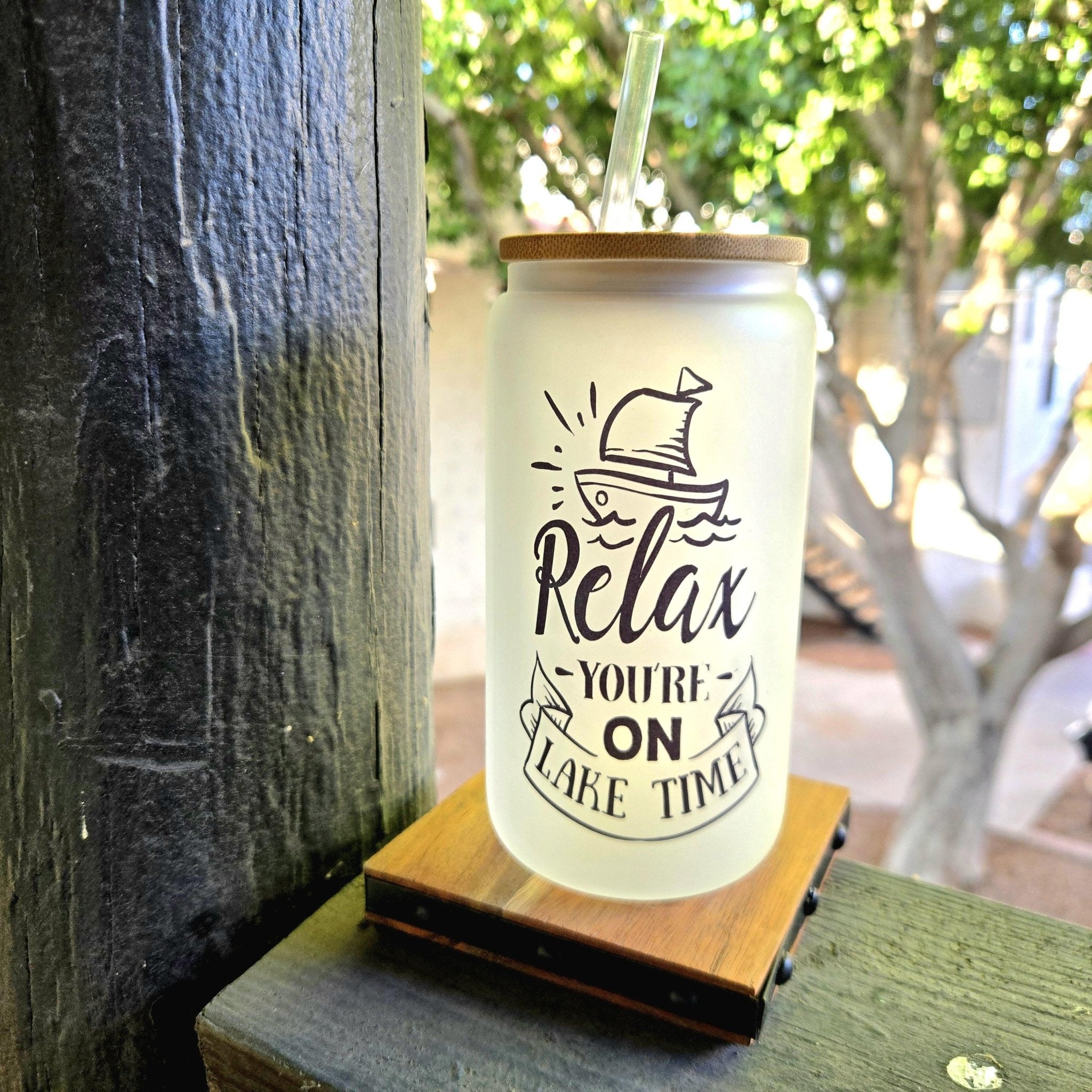 Lake Time Glass Can Tumbler: Frosted Coffee Quips with Bamboo Lid - Coffee Quips Custom Drinkware