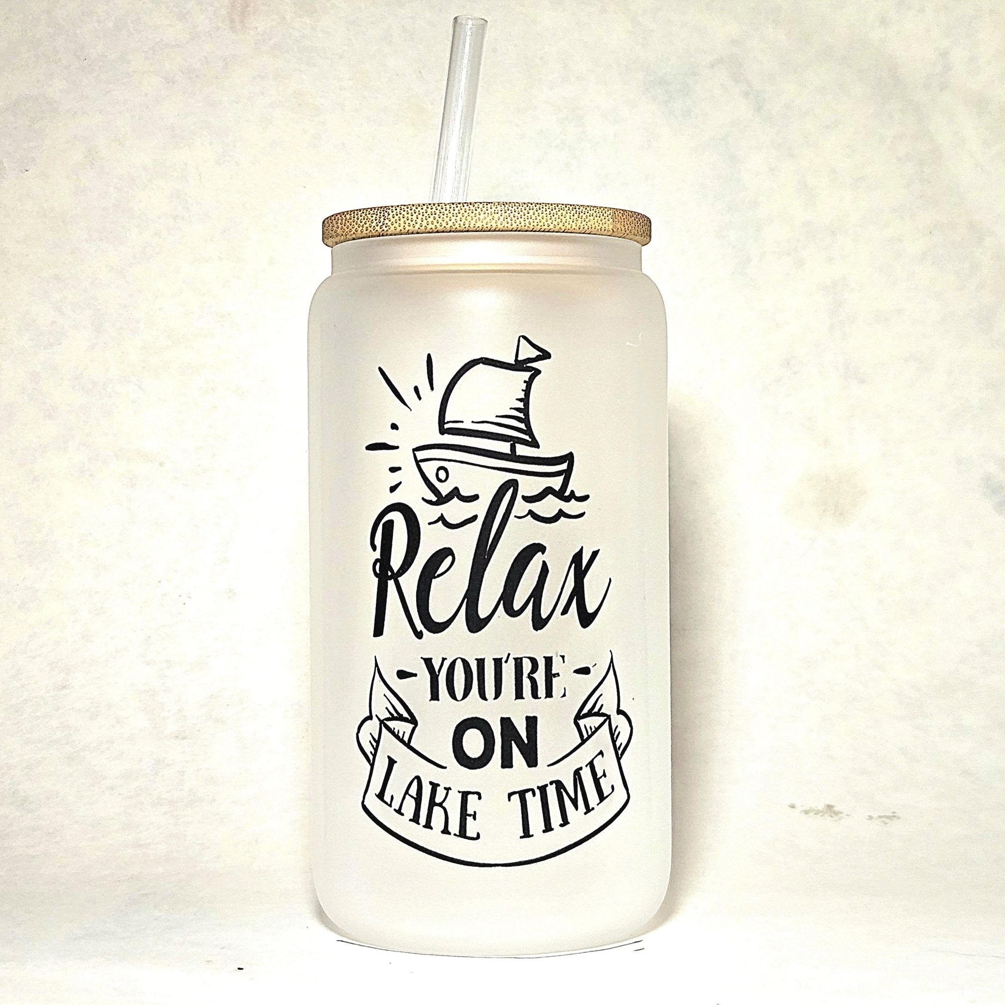 Lake Time Glass Can Tumbler: Frosted Coffee Quips with Bamboo Lid - Coffee Quips Custom Drinkware
