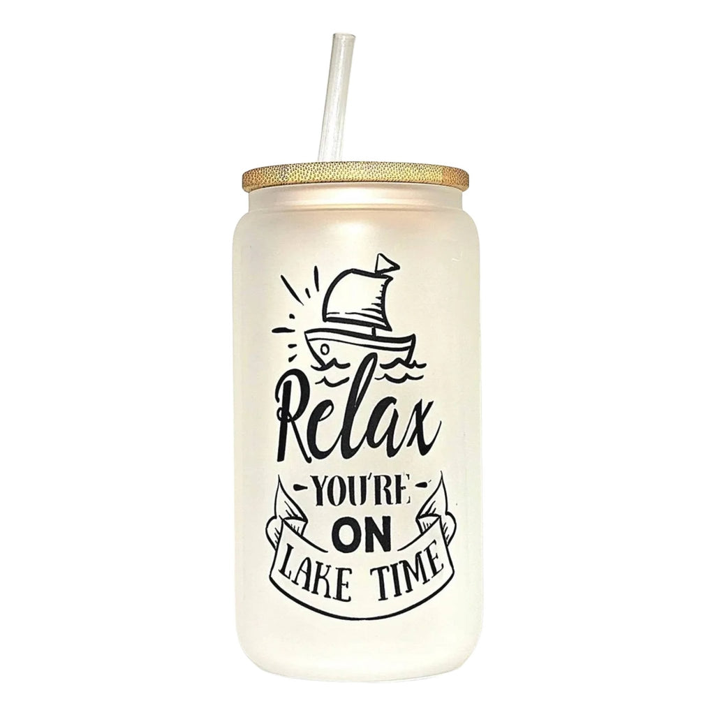 Lake Time Glass Can Tumbler: Frosted Coffee Quips with Bamboo Lid - Coffee Quips Custom Drinkware