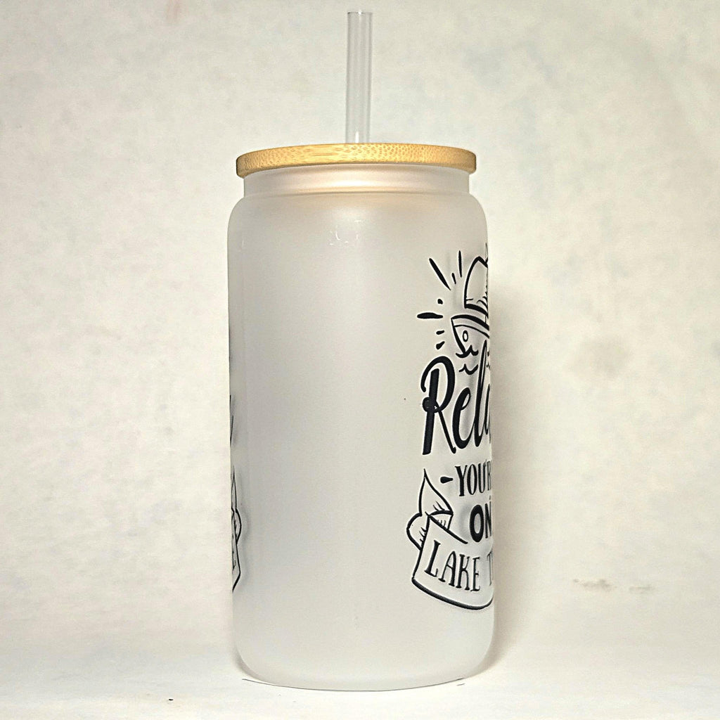 Lake Time Glass Can Tumbler: Frosted Coffee Quips with Bamboo Lid - Coffee Quips Custom Drinkware