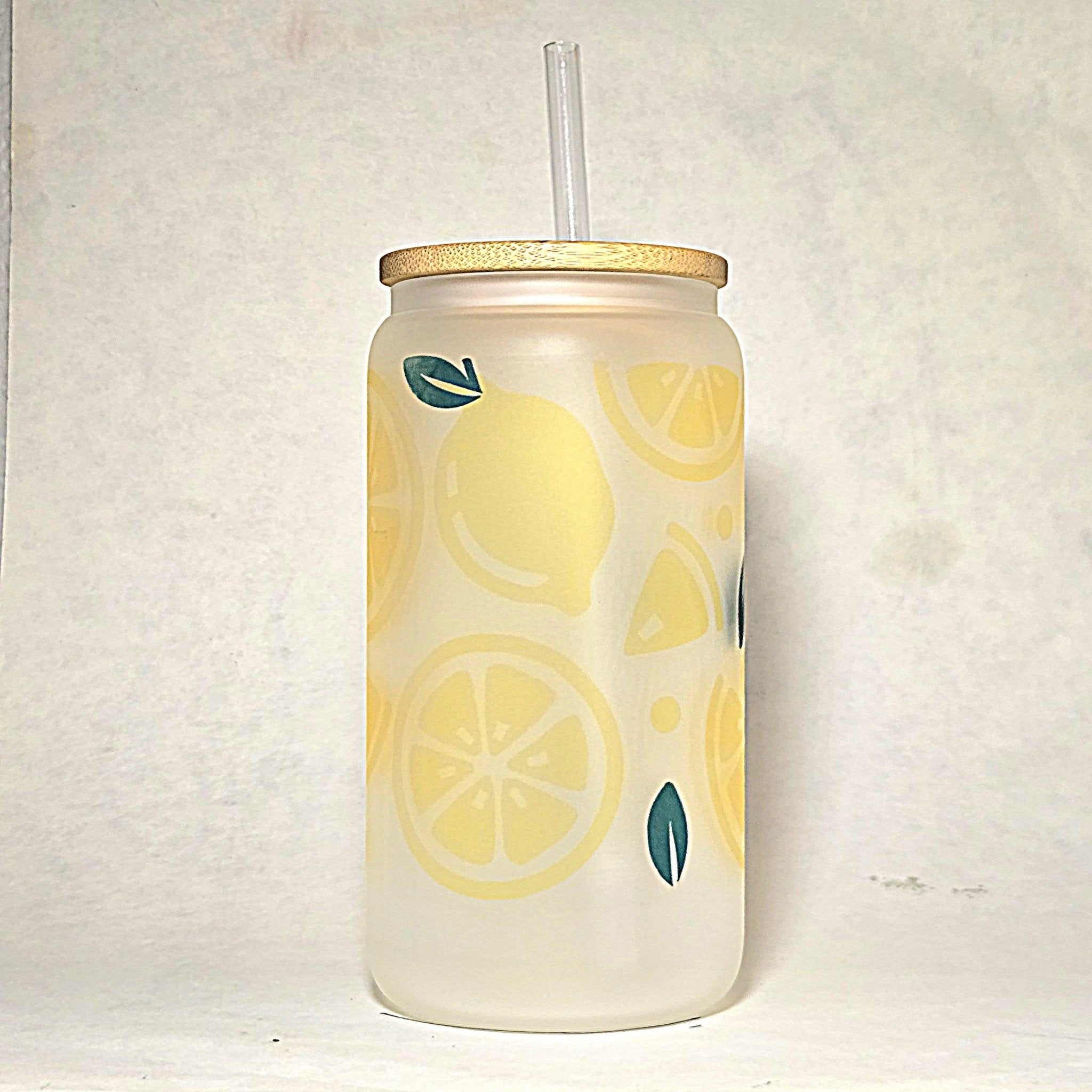 Lemonade Glass Can Tumbler: Frosted Coffee Quips Cup with Bamboo Lid - Coffee Quips Custom Drinkware