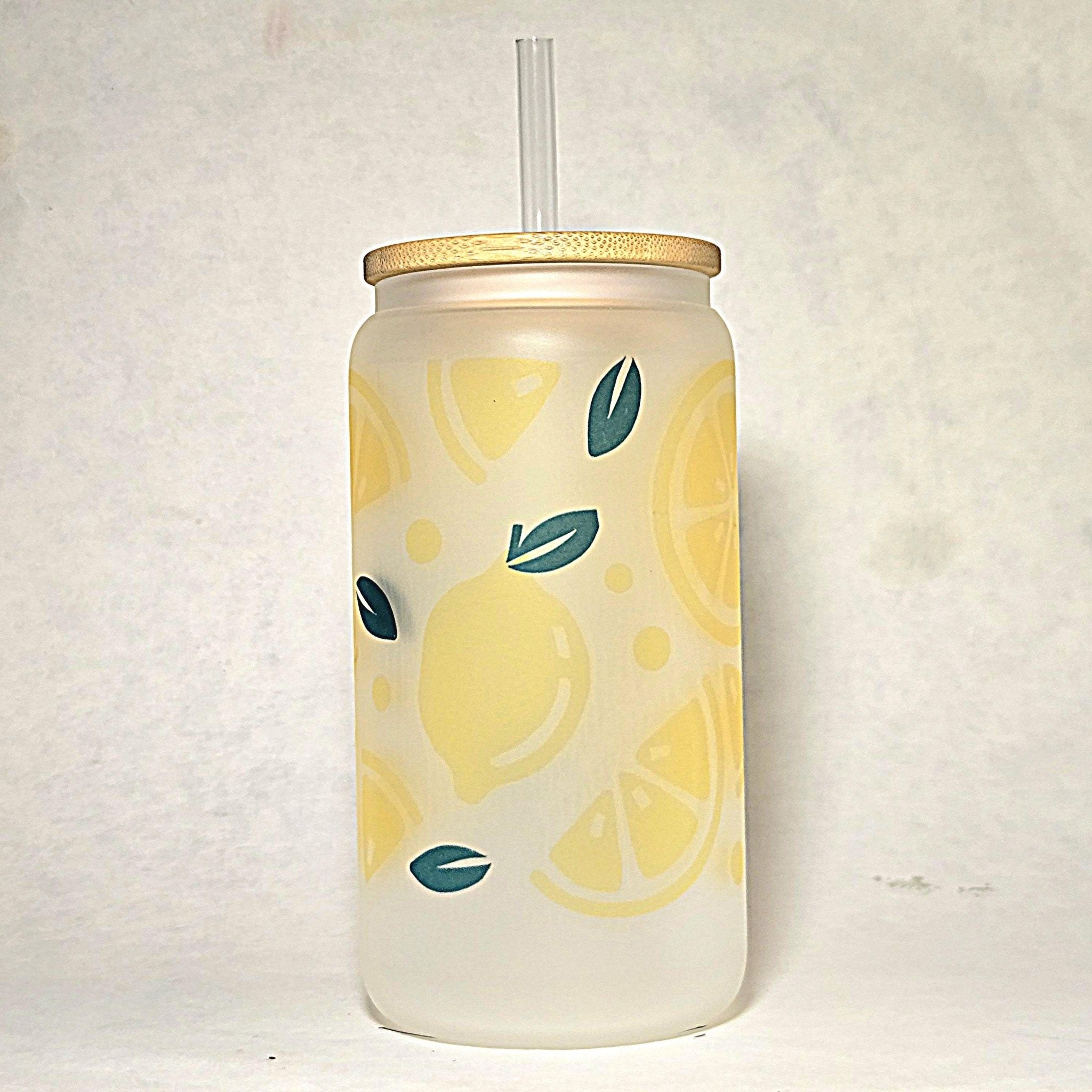 Lemonade Glass Can Tumbler: Frosted Coffee Quips Cup with Bamboo Lid - Coffee Quips Custom Drinkware