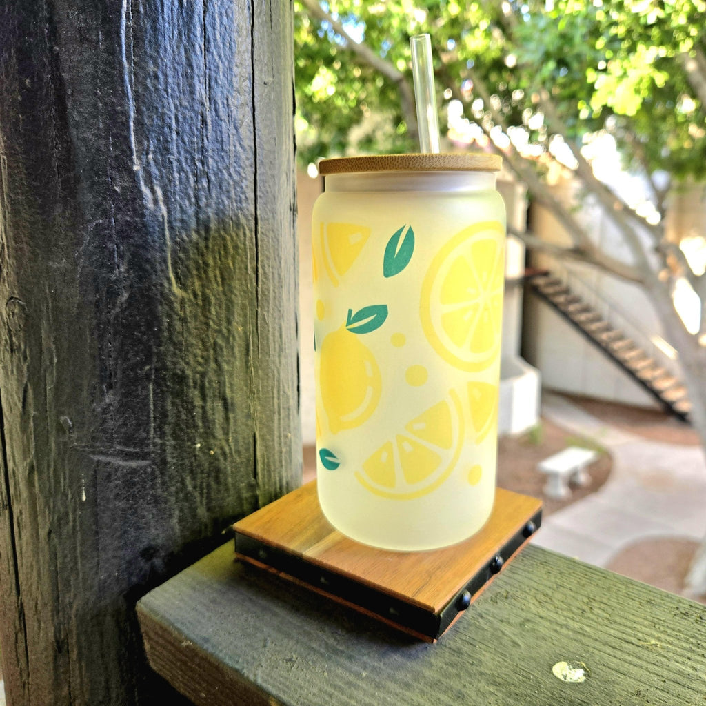 Lemonade Glass Can Tumbler: Frosted Coffee Quips Cup with Bamboo Lid - Coffee Quips Custom Drinkware