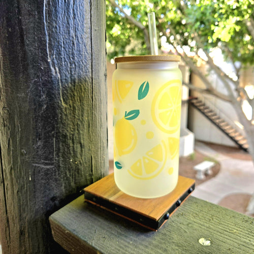 Lemonade Matte Glass Tumbler: with Bamboo Lid and straw - Coffee Quips Custom Drinkware