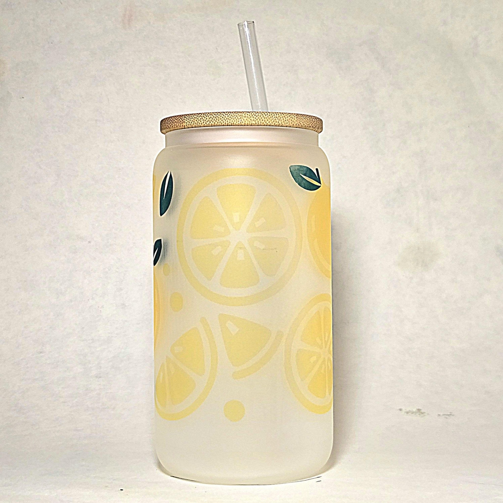 Lemonade Glass Can Tumbler: Frosted Coffee Quips Cup with Bamboo Lid - Coffee Quips Custom Drinkware