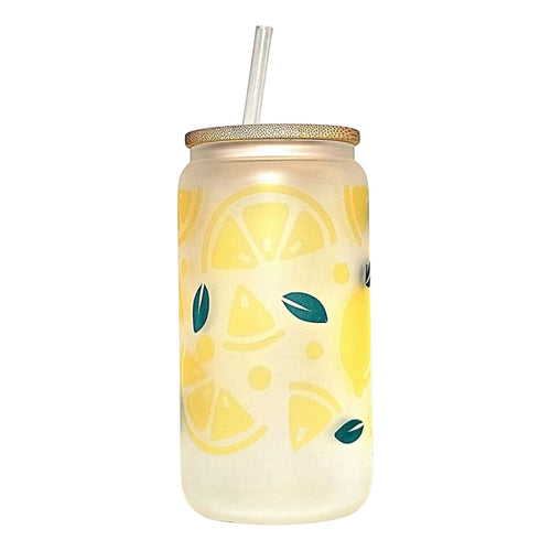 Lemonade Matte Glass Tumbler: with Bamboo Lid and straw - Coffee Quips Custom Drinkware