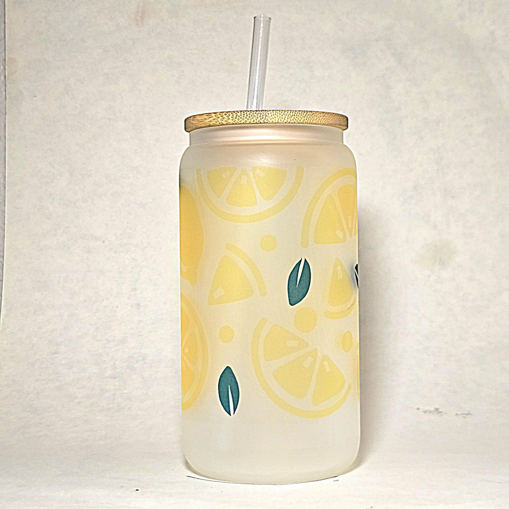 Lemonade Glass Can Tumbler: Frosted Coffee Quips Cup with Bamboo Lid - Coffee Quips Custom Drinkware