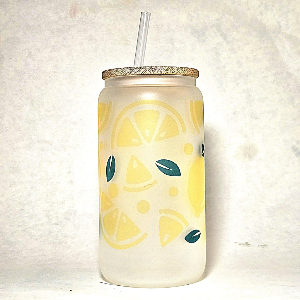 Lemonade Glass Can Tumbler: Frosted Coffee Quips Cup with Bamboo Lid - Coffee Quips Custom Drinkware