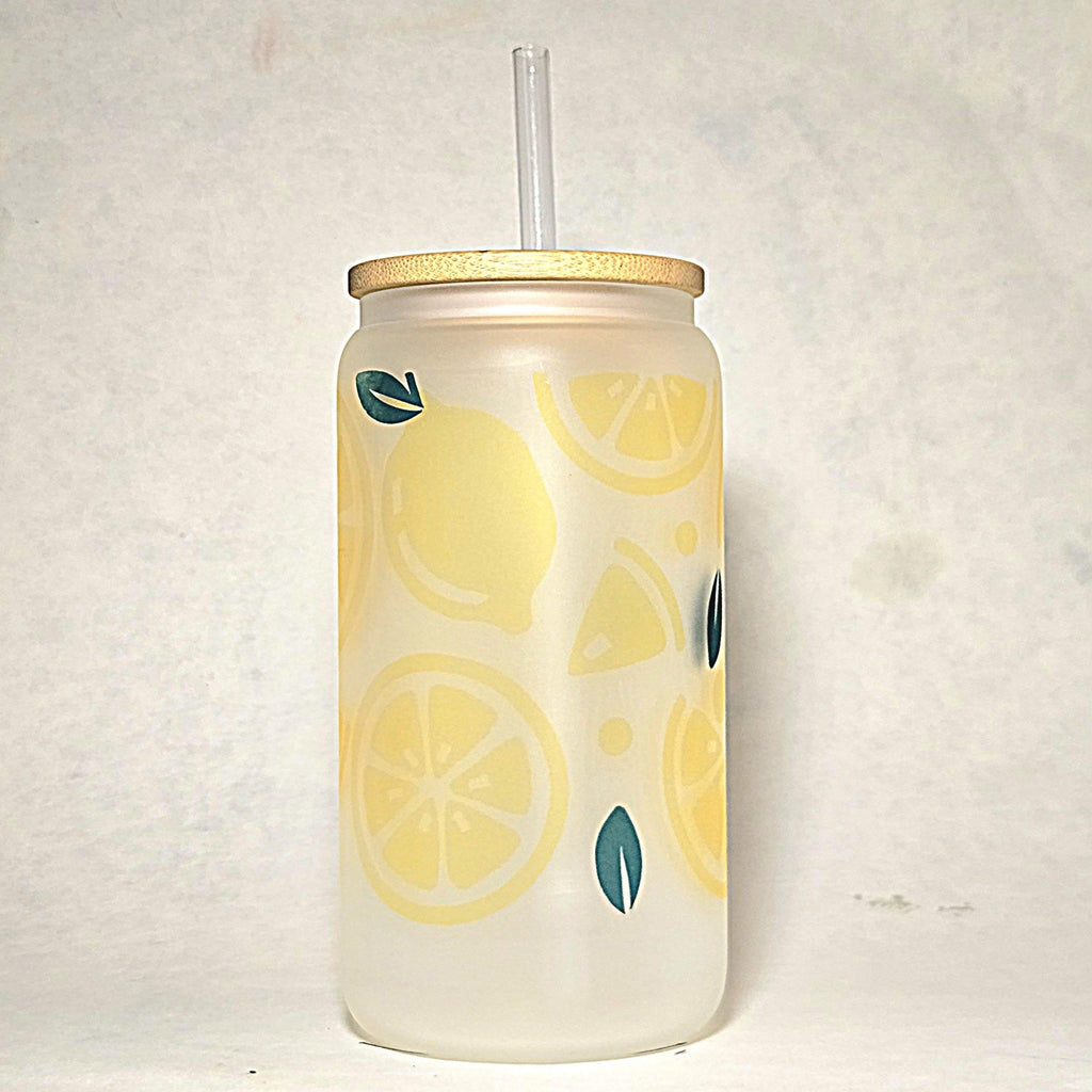 Lemonade Glass Can Tumbler: Frosted Coffee Quips Cup with Bamboo Lid - Coffee Quips Custom Drinkware