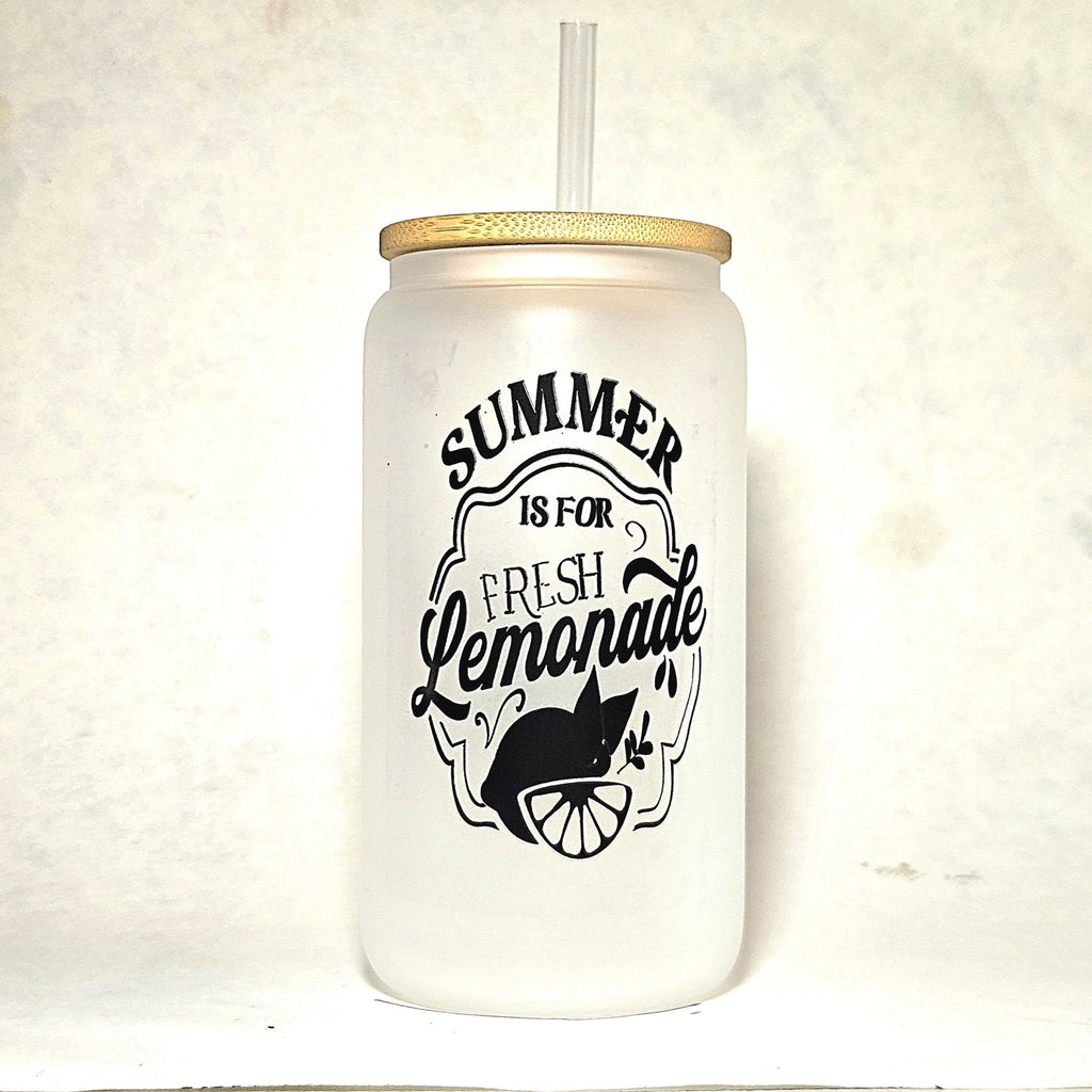 Lemonade Glass Can Tumbler: Frosted Coffee Quips Jar, Bamboo Lid - Coffee Quips Custom Drinkware