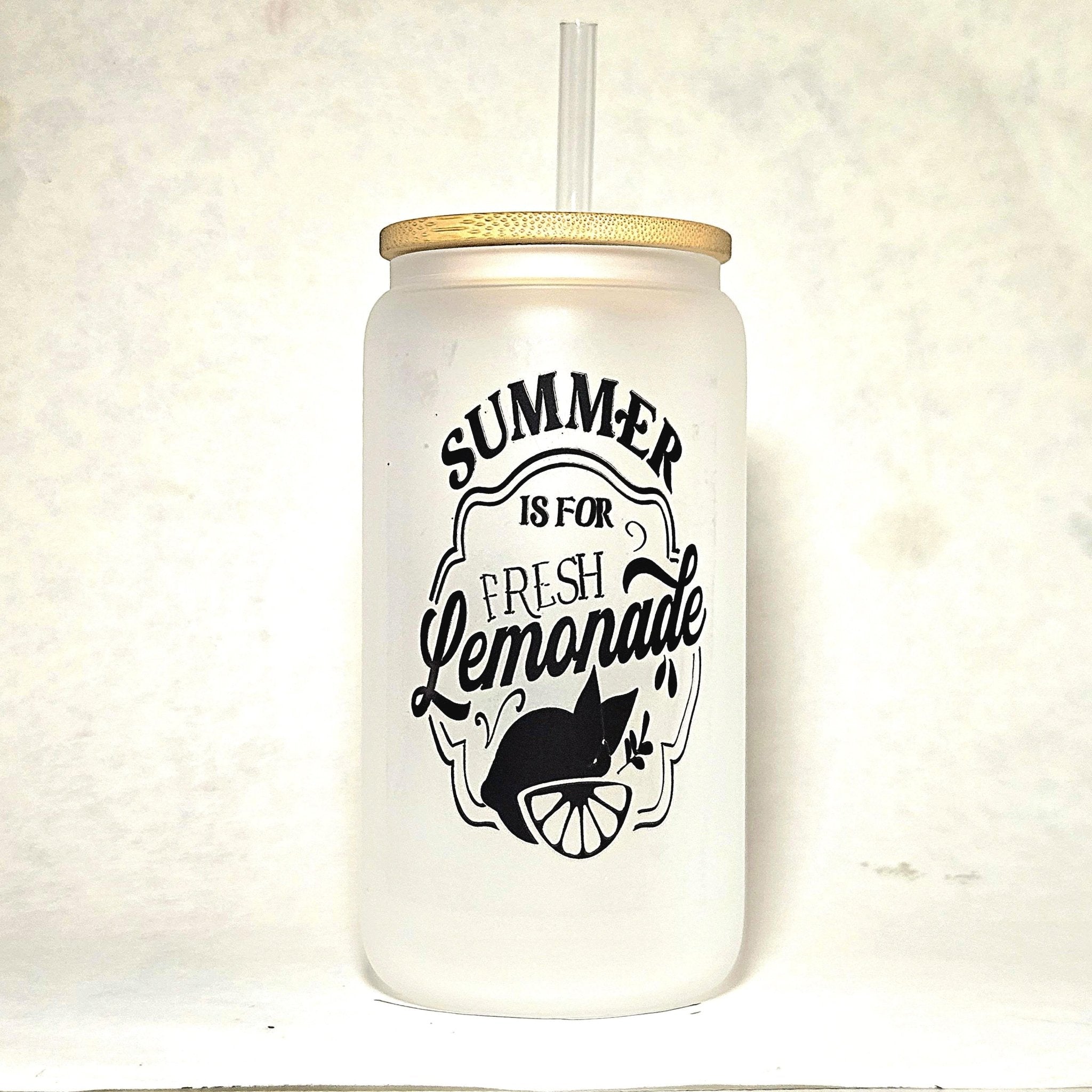 Lemonade Glass Can Tumbler: Frosted Coffee Quips Jar, Bamboo Lid - Coffee Quips Custom Drinkware