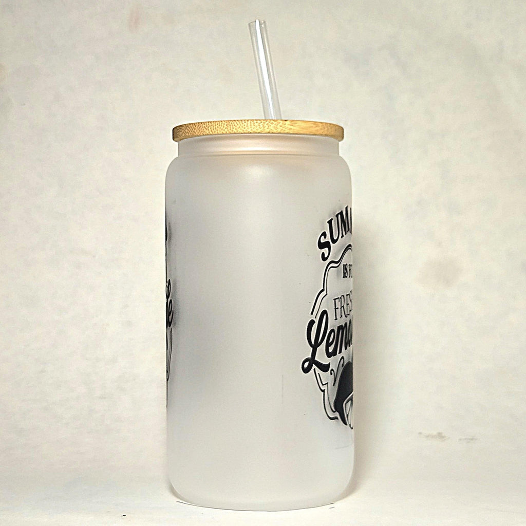Lemonade Glass Can Tumbler: Frosted Coffee Quips Jar, Bamboo Lid - Coffee Quips Custom Drinkware