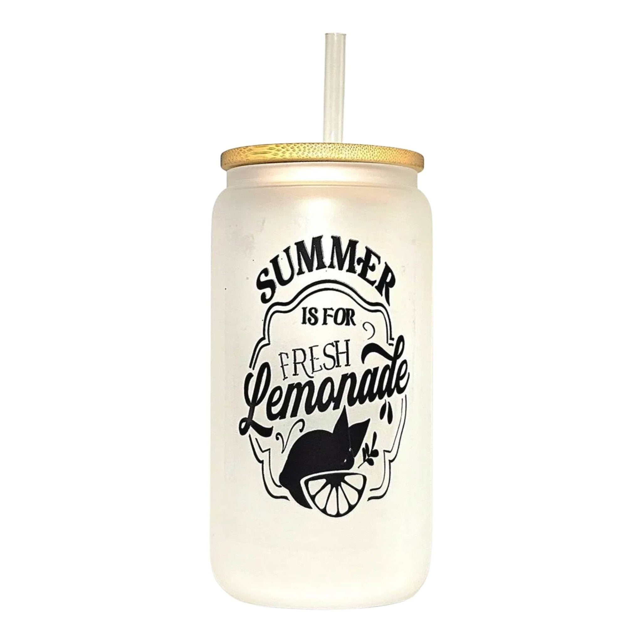 Lemonade Glass Can Tumbler: Frosted Coffee Quips Jar, Bamboo Lid - Coffee Quips Custom Drinkware