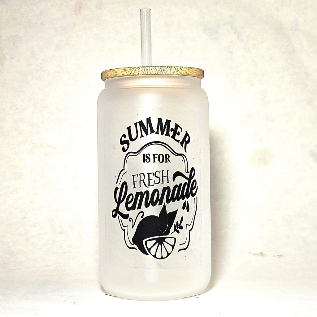 Lemonade Glass Can Tumbler: Frosted Coffee Quips Jar, Bamboo Lid - Coffee Quips Custom Drinkware