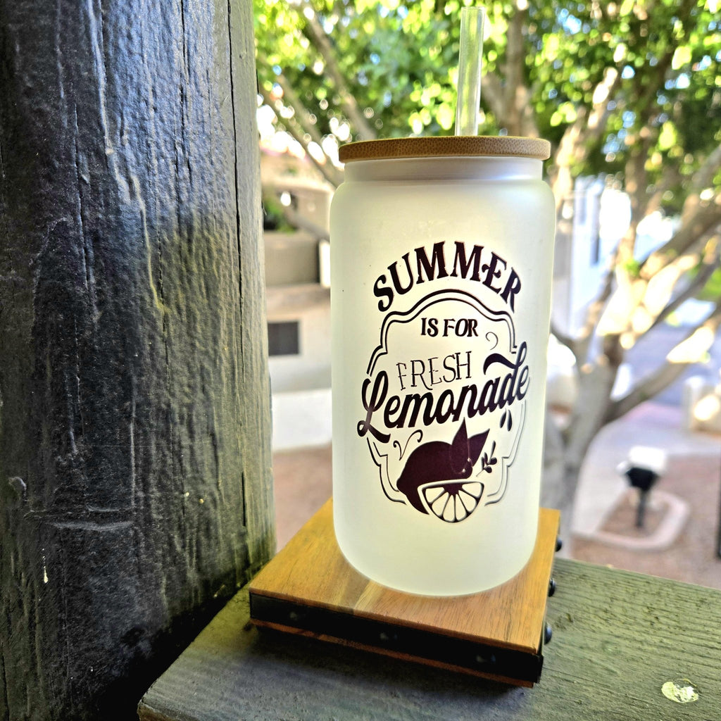 Lemonade Glass Can Tumbler: Frosted Coffee Quips Jar, Bamboo Lid - Coffee Quips Custom Drinkware