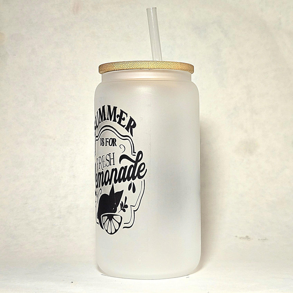 Lemonade Glass Can Tumbler: Frosted Coffee Quips Jar, Bamboo Lid - Coffee Quips Custom Drinkware