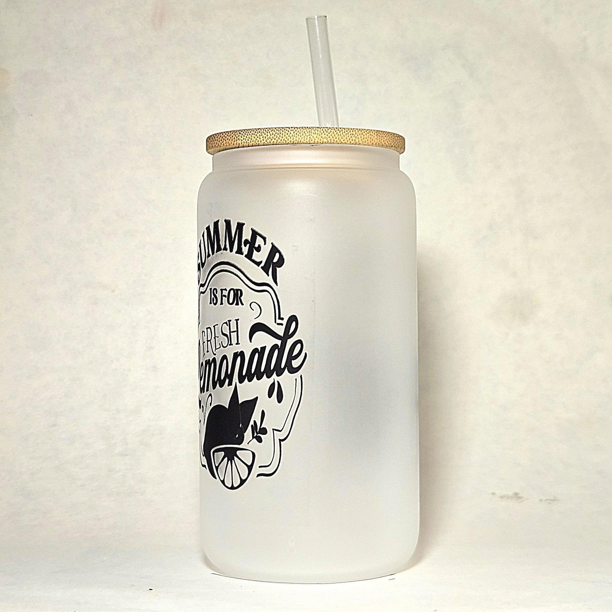 Lemonade Glass Can Tumbler: Frosted Coffee Quips Jar, Bamboo Lid - Coffee Quips Custom Drinkware