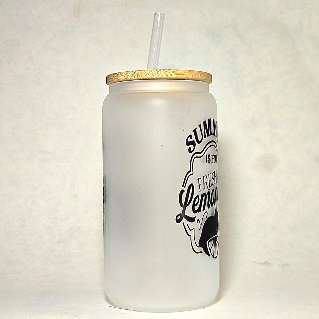 Lemonade Glass Can Tumbler: Frosted Coffee Quips Jar, Bamboo Lid - Coffee Quips Custom Drinkware