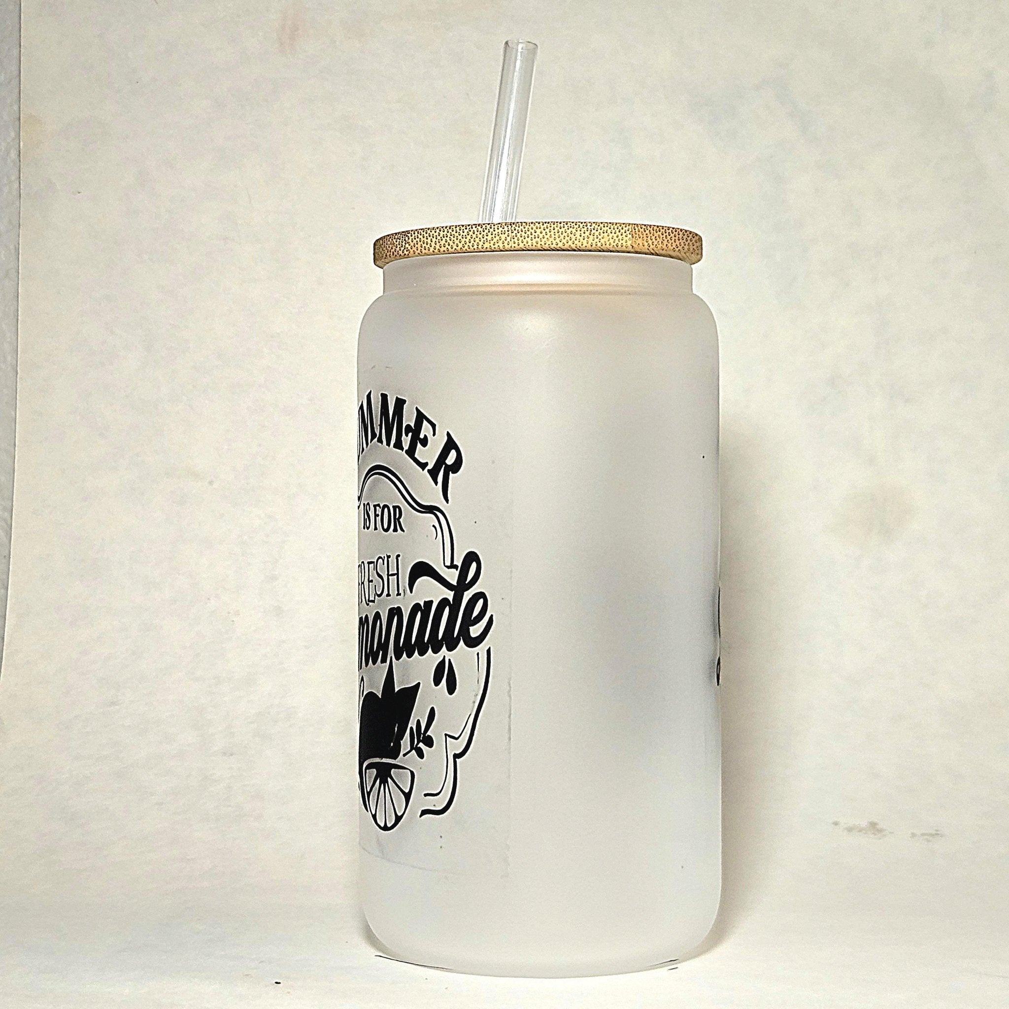 Lemonade Glass Can Tumbler: Frosted Coffee Quips Jar, Bamboo Lid - Coffee Quips Custom Drinkware