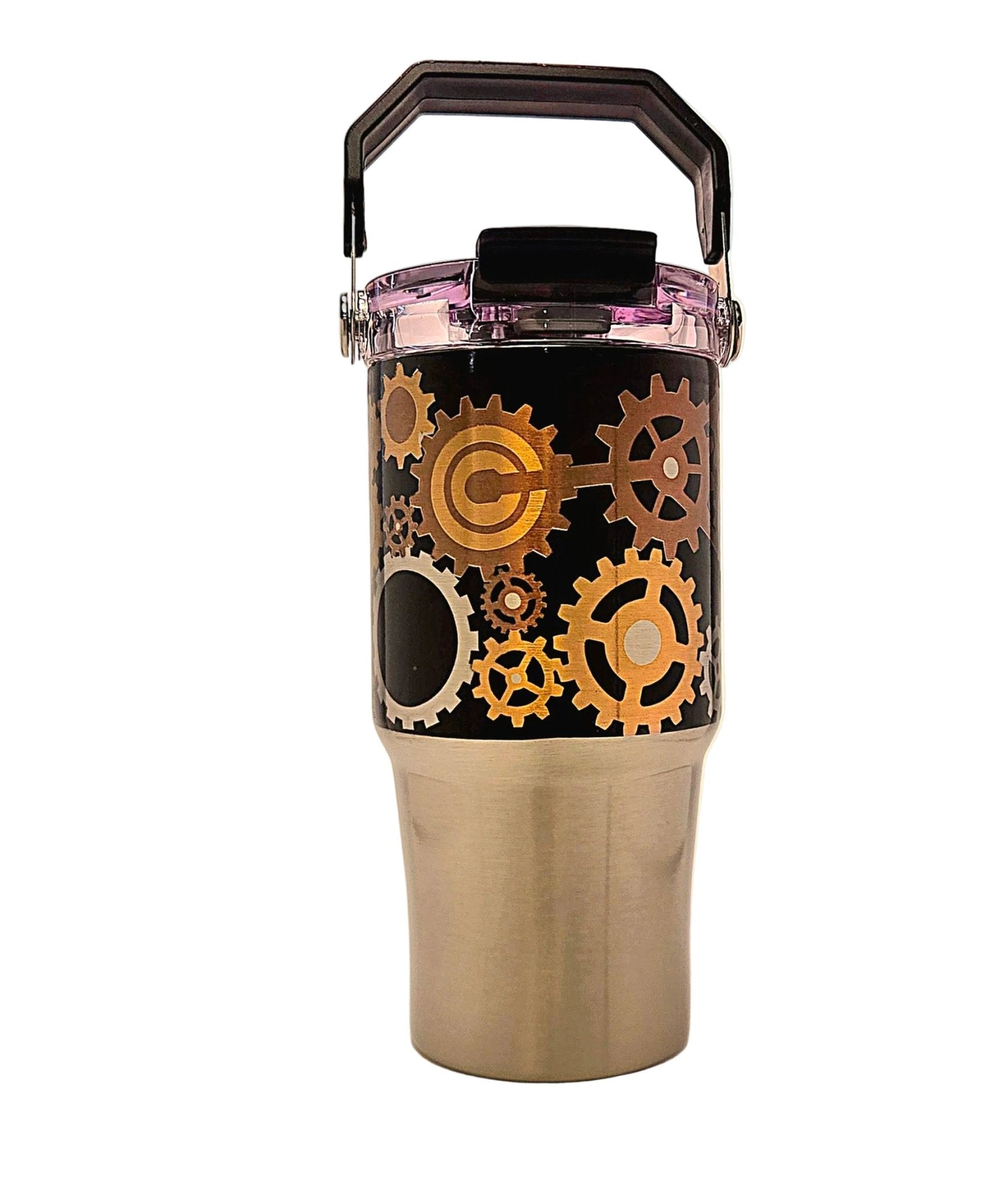 Mechanical gears 20oz Stainless Steel Tumbler with carrying handle and tri - sip lid - Coffee Quips Custom Drinkware
