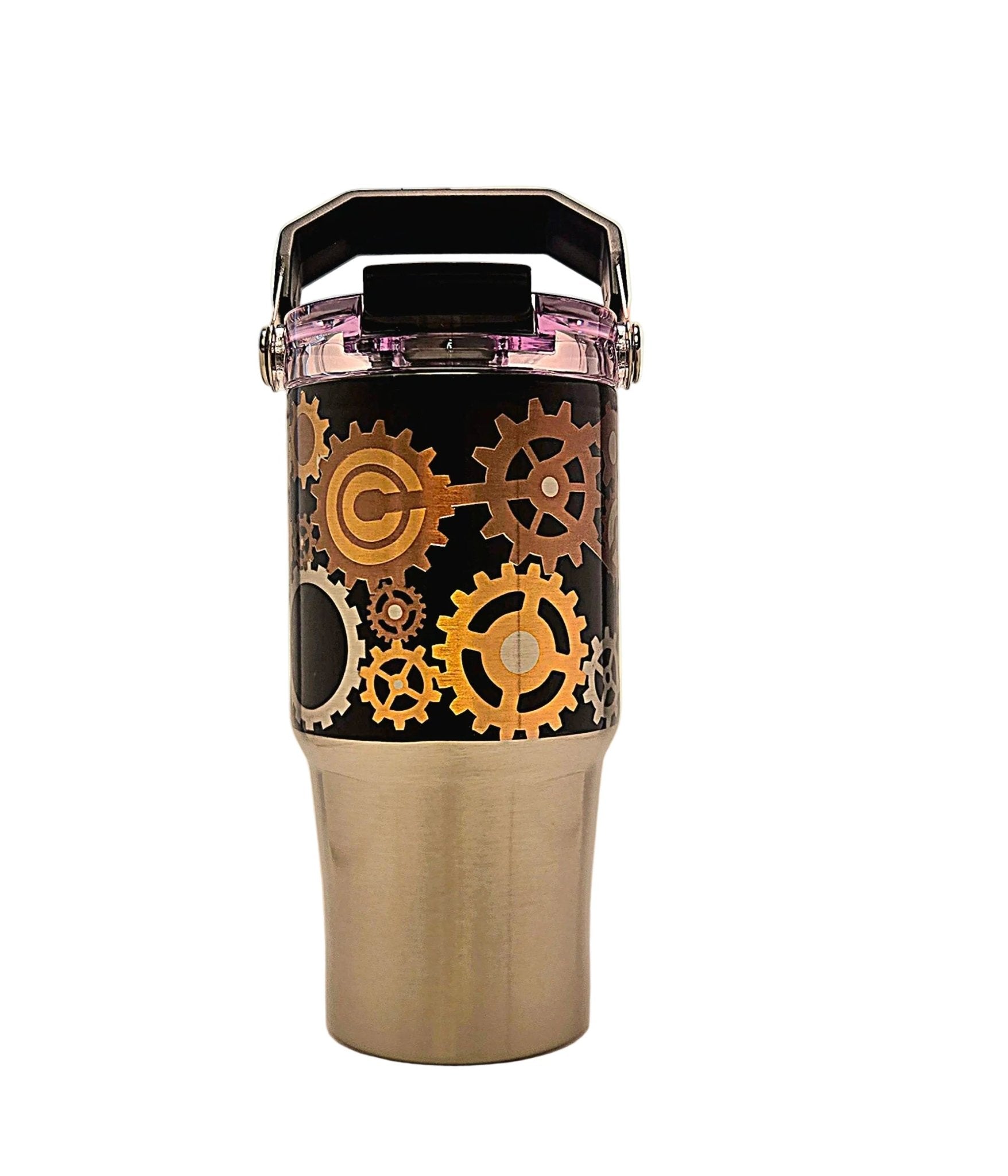 Mechanical gears 20oz Stainless Steel Tumbler with carrying handle and tri - sip lid - Coffee Quips Custom Drinkware