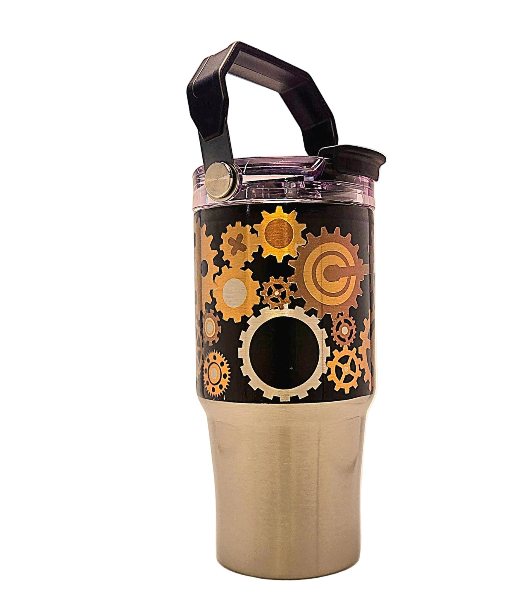 Mechanical gears 20oz Stainless Steel Tumbler with carrying handle and tri - sip lid - Coffee Quips Custom Drinkware