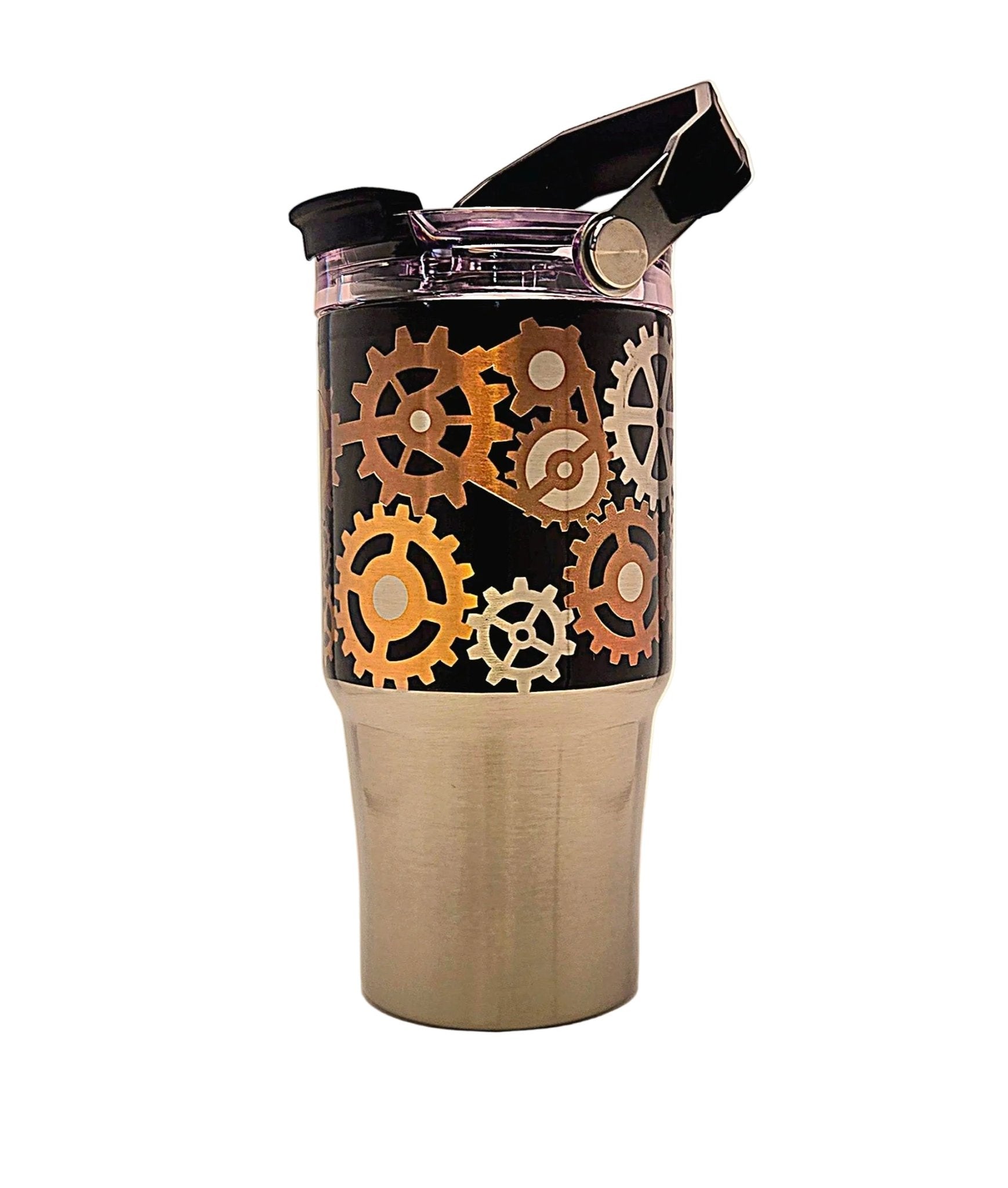 Mechanical gears 20oz Stainless Steel Tumbler with carrying handle and tri - sip lid - Coffee Quips Custom Drinkware