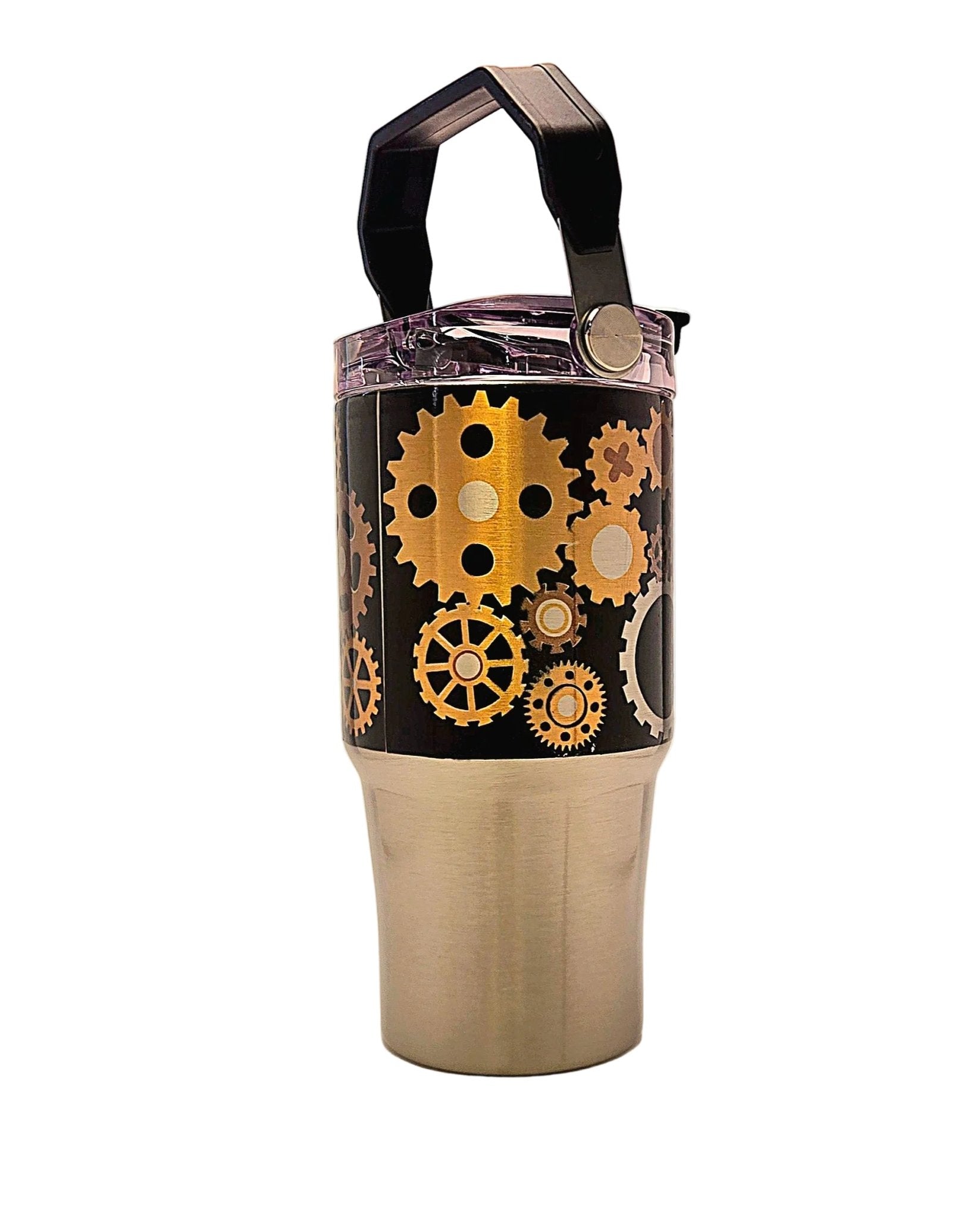 Mechanical gears 20oz Stainless Steel Tumbler with carrying handle and tri - sip lid - Coffee Quips Custom Drinkware