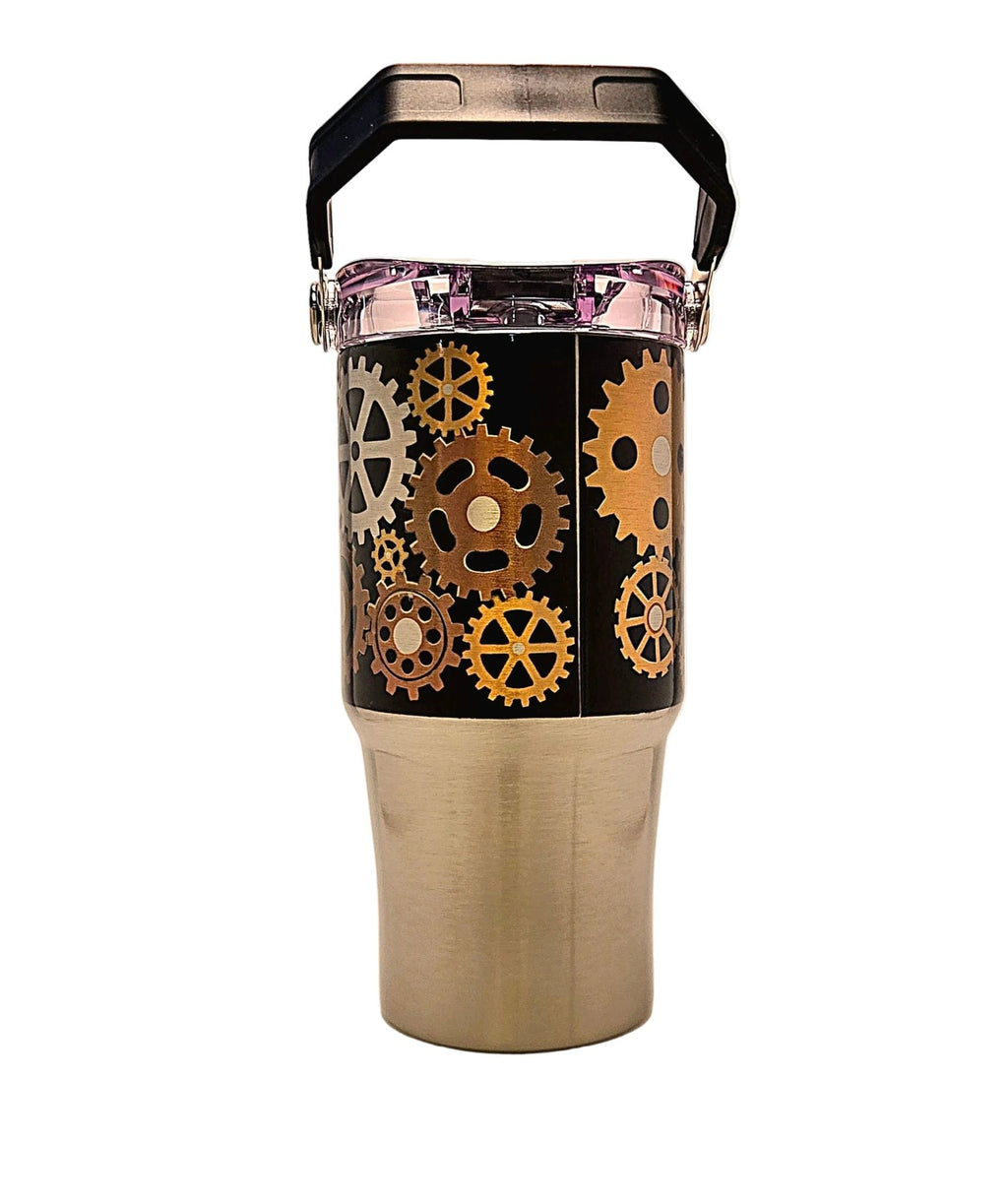 Mechanical gears 20oz Stainless Steel Tumbler with carrying handle and tri - sip lid - Coffee Quips Custom Drinkware