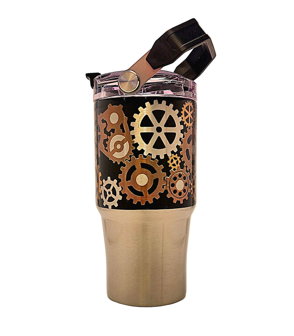 Mechanical gears 20oz Stainless Steel Tumbler with carrying handle and tri - sip lid - Coffee Quips Custom Drinkware