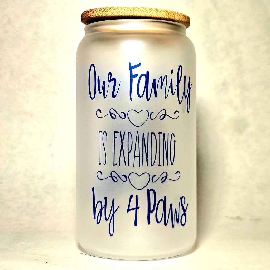 Our Family is Expanding by Four Paws announcement glass tumbler - Coffee Quips Custom Drinkware