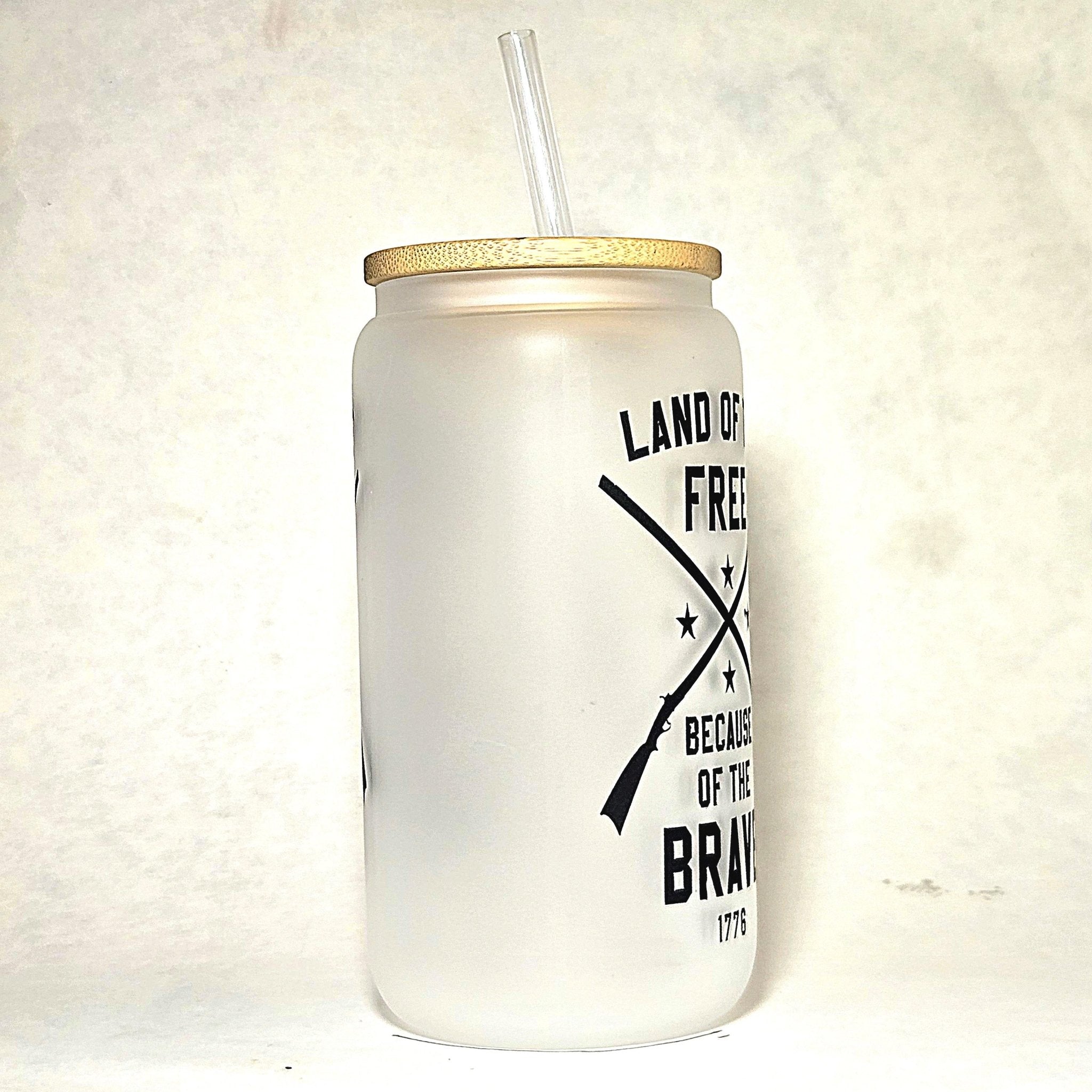 Patriotic Coffee Glass Can Tumbler: Land of the Free, Crossed Rifles - Coffee Quips Custom Drinkware