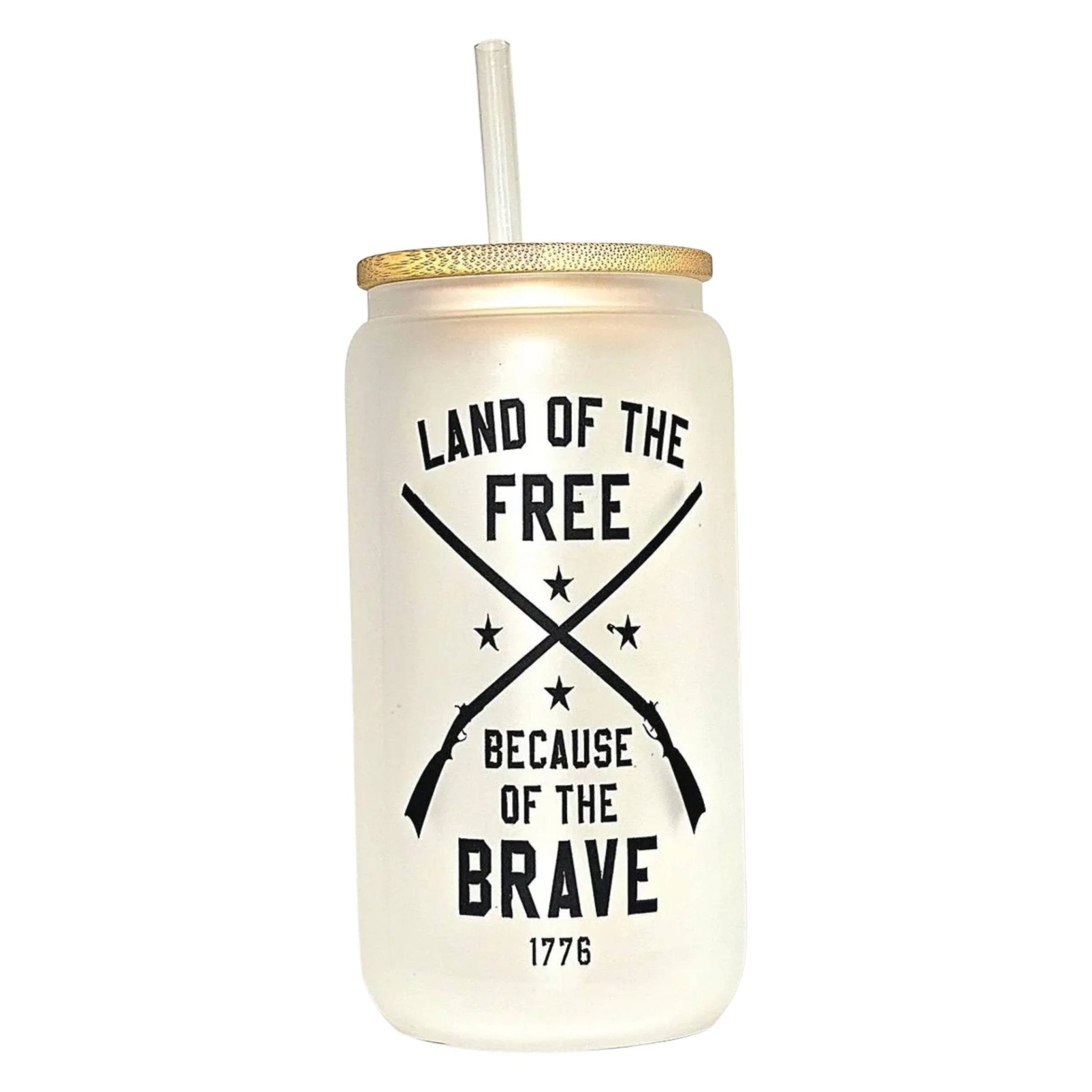 Patriotic Coffee Glass Can Tumbler: Land of the Free, Crossed Rifles - Coffee Quips Custom Drinkware