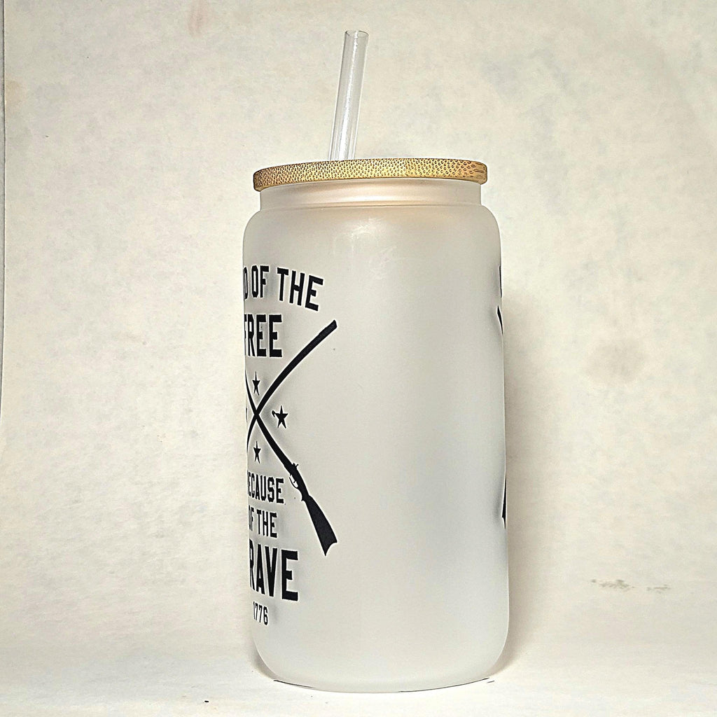 Patriotic Coffee Glass Can Tumbler: Land of the Free, Crossed Rifles - Coffee Quips Custom Drinkware