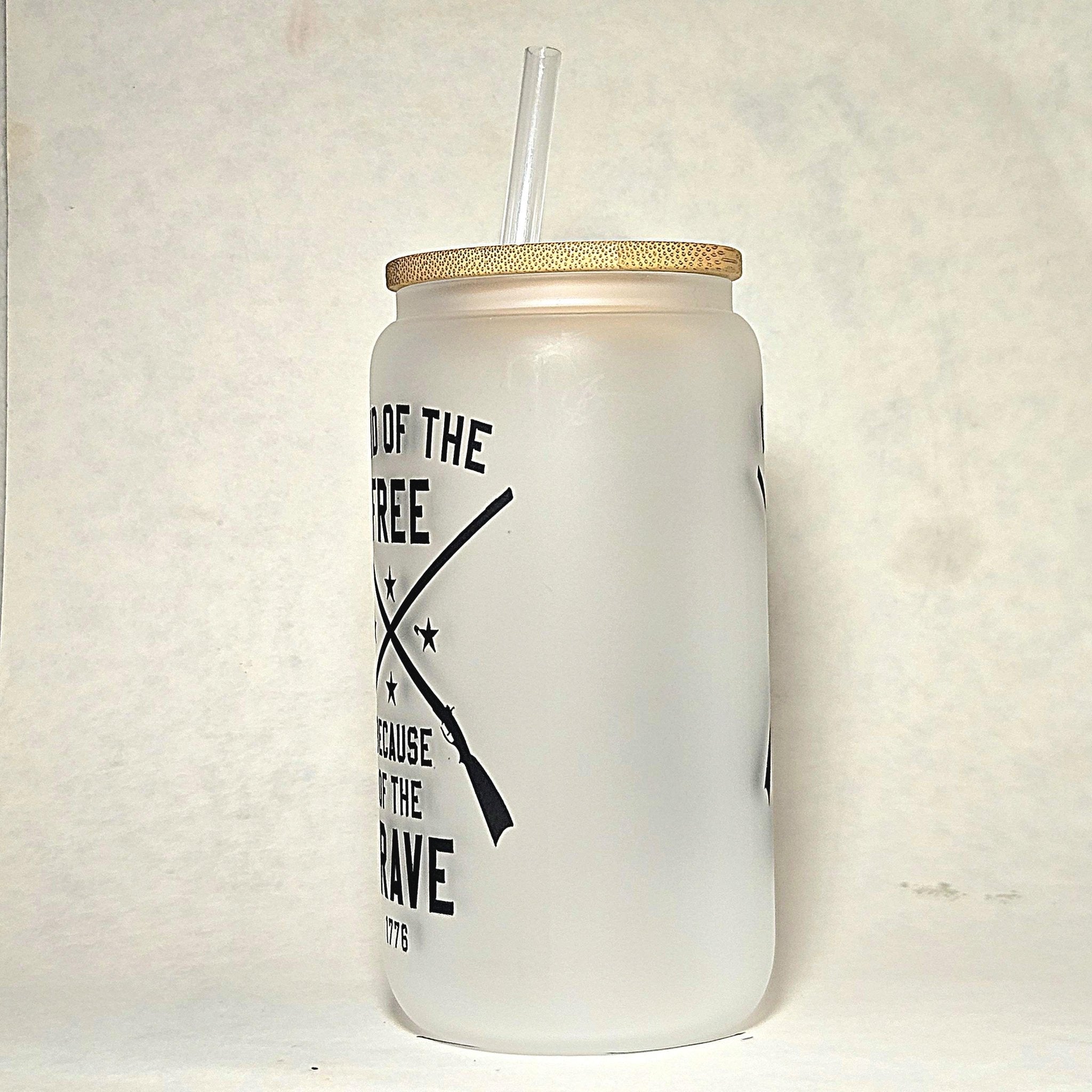Patriotic Coffee Glass Can Tumbler: Land of the Free, Crossed Rifles - Coffee Quips Custom Drinkware