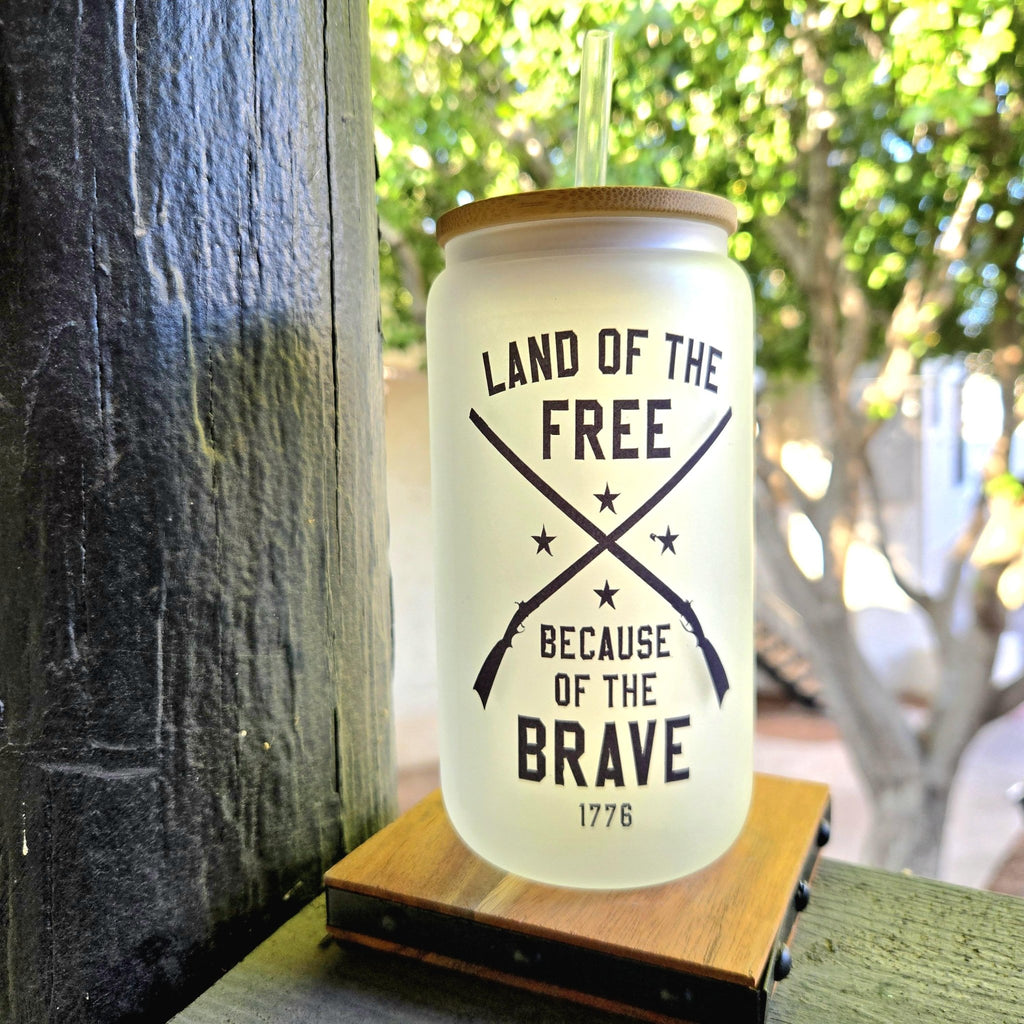 Patriotic Coffee Glass Can Tumbler: Land of the Free, Crossed Rifles - Coffee Quips Custom Drinkware