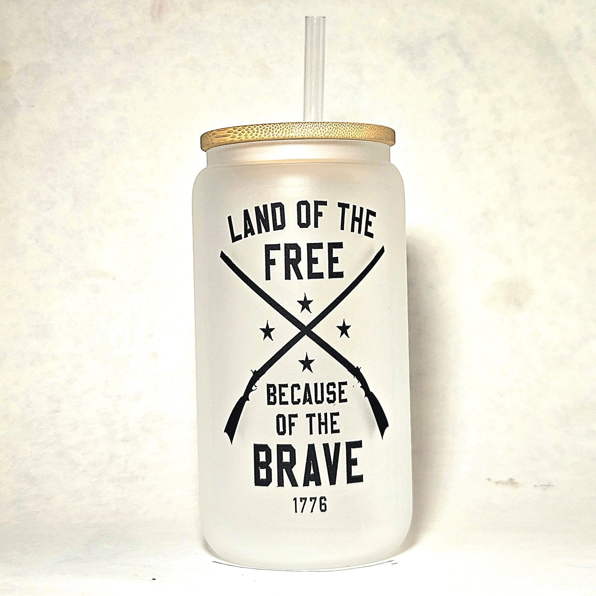 Patriotic Coffee Glass Can Tumbler: Land of the Free, Crossed Rifles - Coffee Quips Custom Drinkware