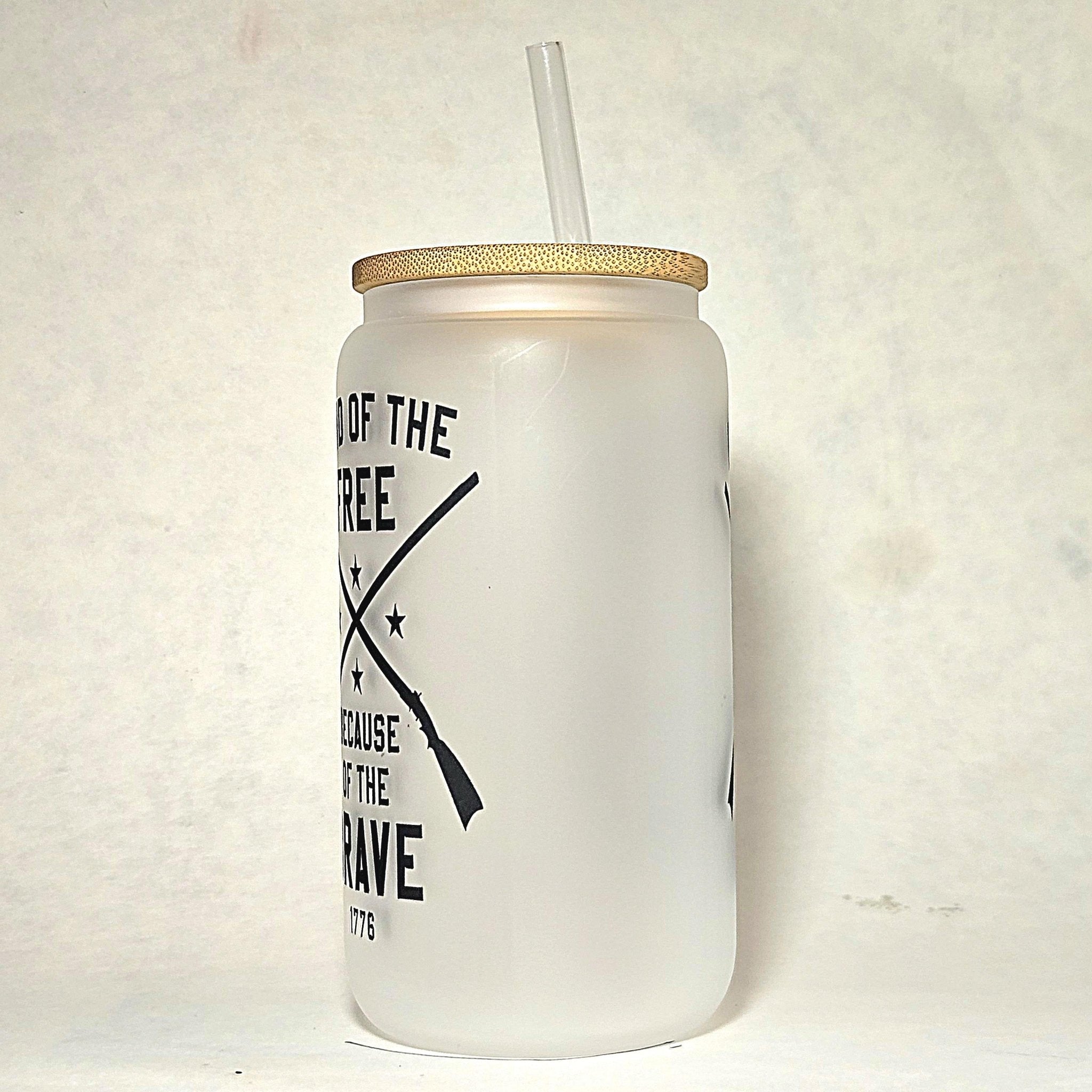 Patriotic Coffee Glass Can Tumbler: Land of the Free, Crossed Rifles - Coffee Quips Custom Drinkware