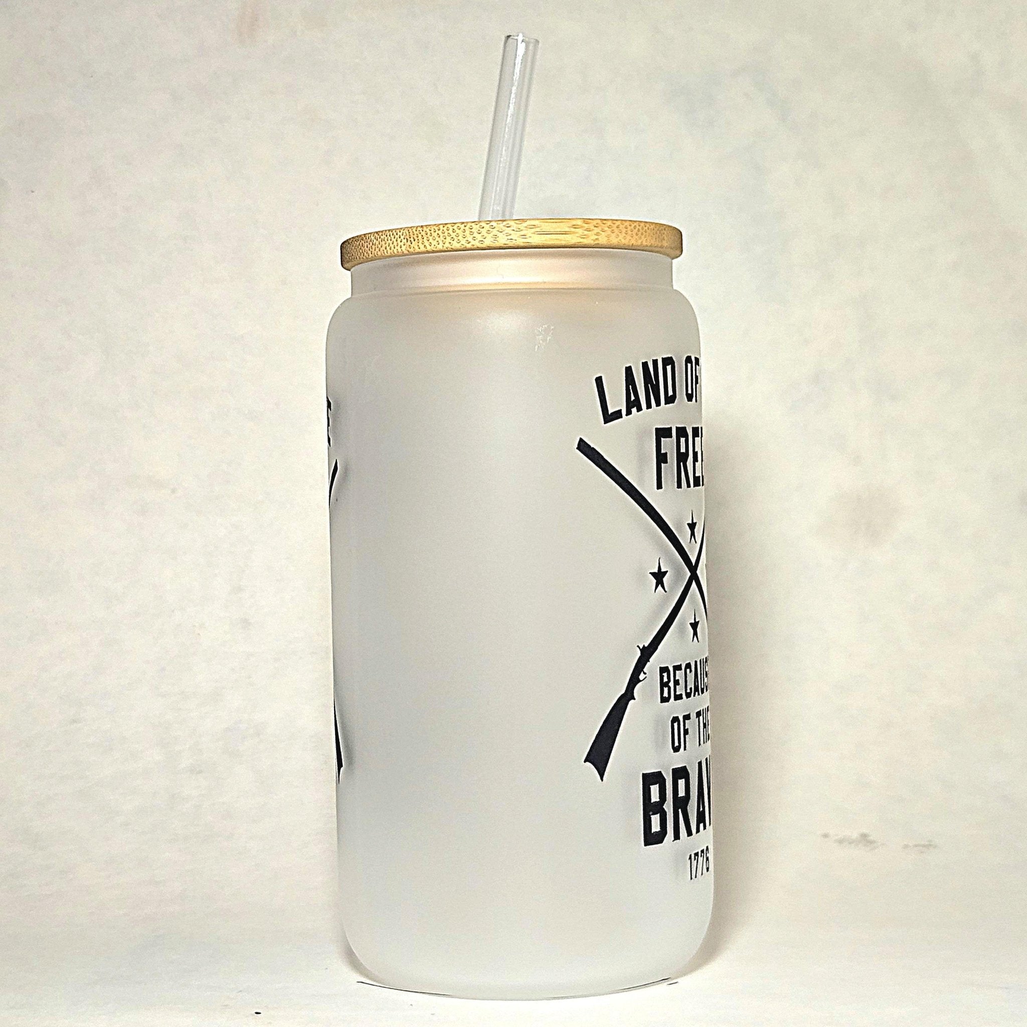 Patriotic Coffee Glass Can Tumbler: Land of the Free, Crossed Rifles - Coffee Quips Custom Drinkware
