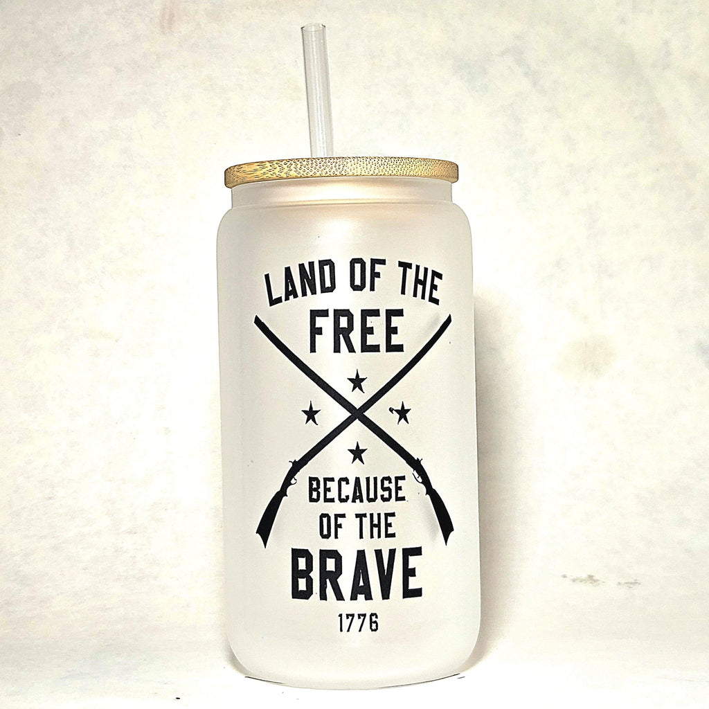 Patriotic Coffee Glass Can Tumbler: Land of the Free, Crossed Rifles - Coffee Quips Custom Drinkware