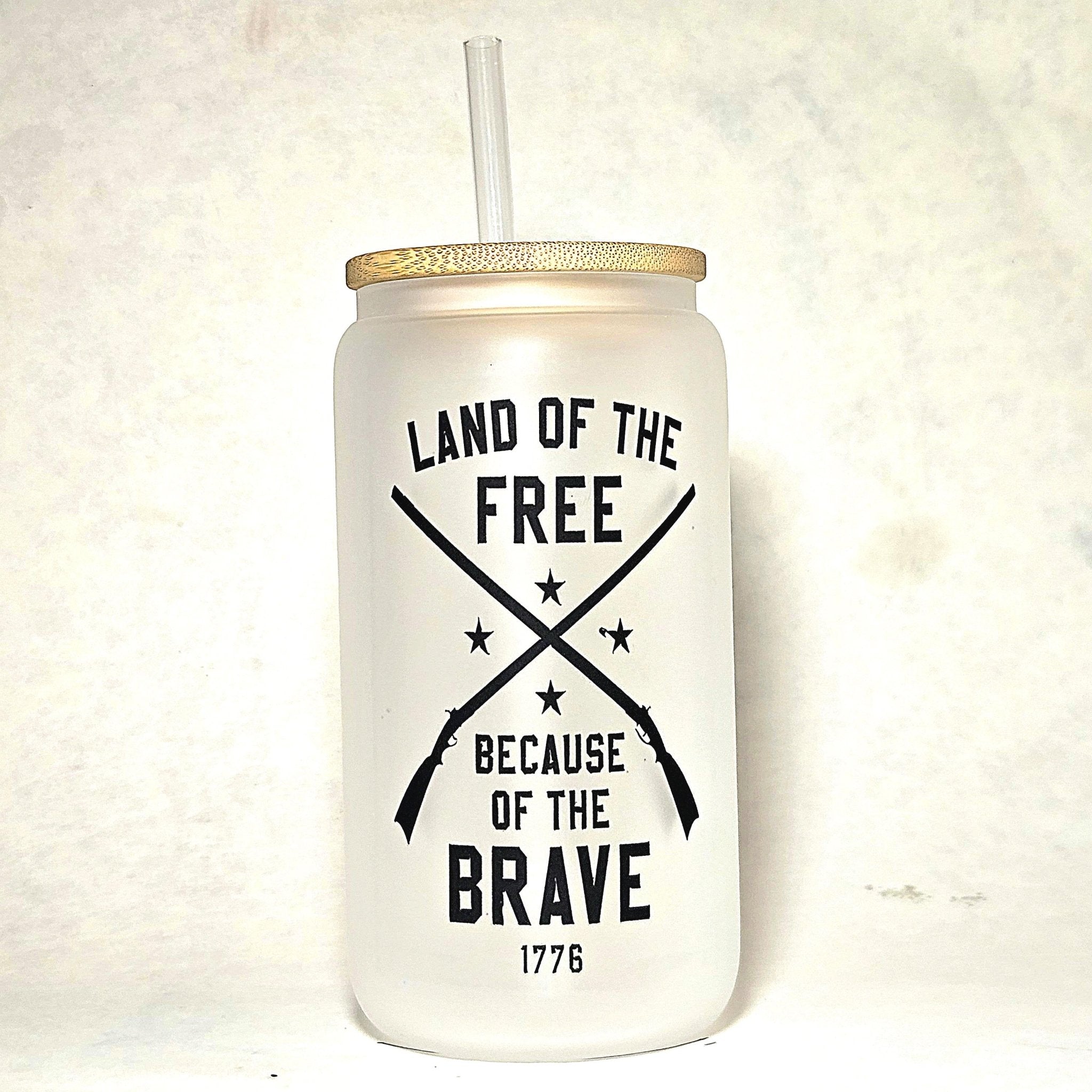 Patriotic Coffee Glass Can Tumbler: Land of the Free, Crossed Rifles - Coffee Quips Custom Drinkware