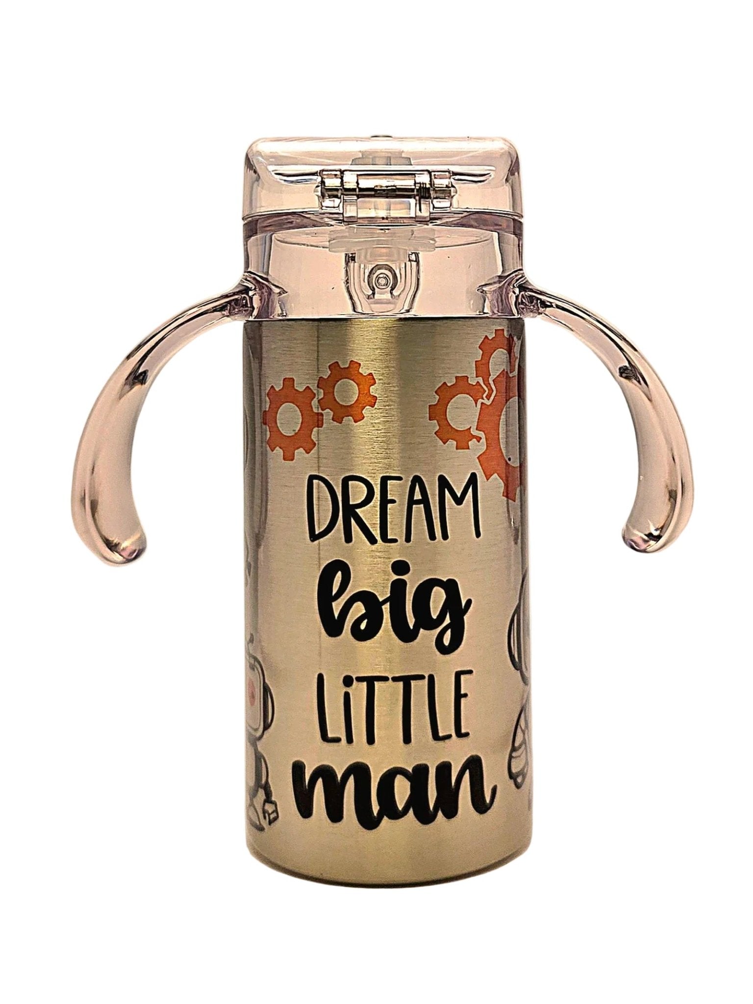 Robots Dream Big Little Man Grow With Me toddler 12oz stainless tumbler BPA Free dual lid - Coffee Quips Custom Drinkware