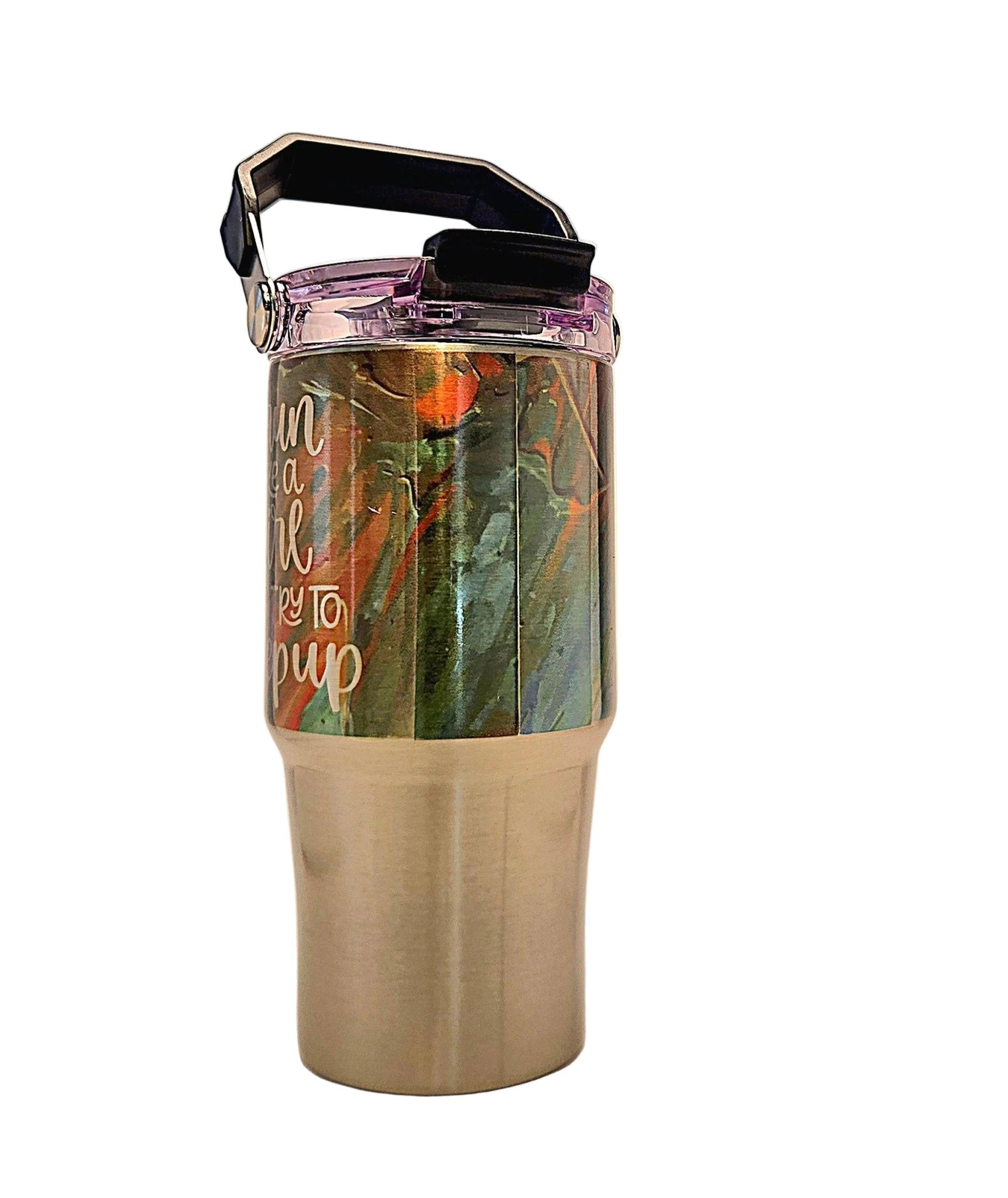 Running Motivational colorful Stainless Tumbler with Carrying Handle and Tri Sip Lid - Coffee Quips Custom Drinkware
