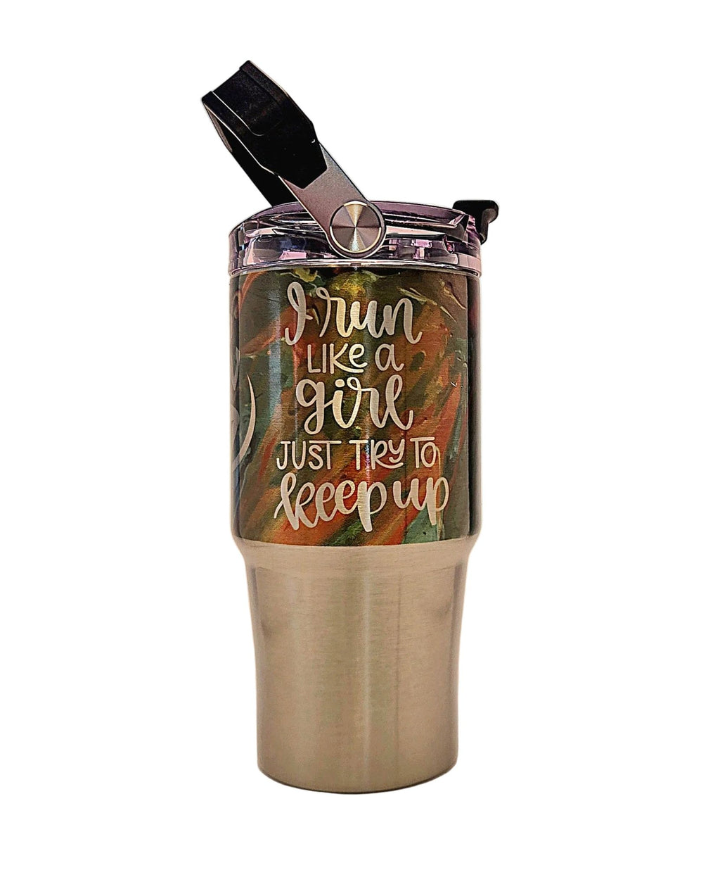 Running Motivational colorful Stainless Tumbler with Carrying Handle and Tri Sip Lid - Coffee Quips Custom Drinkware